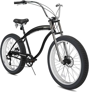 Tracer Avalon Fat Tire Cruiser Bike, 7-Speed Shimano29" Matte Black | Hi-Ten steel chopper frame, triple suspension, beach & city commuting, ergonomic PVC leather seat