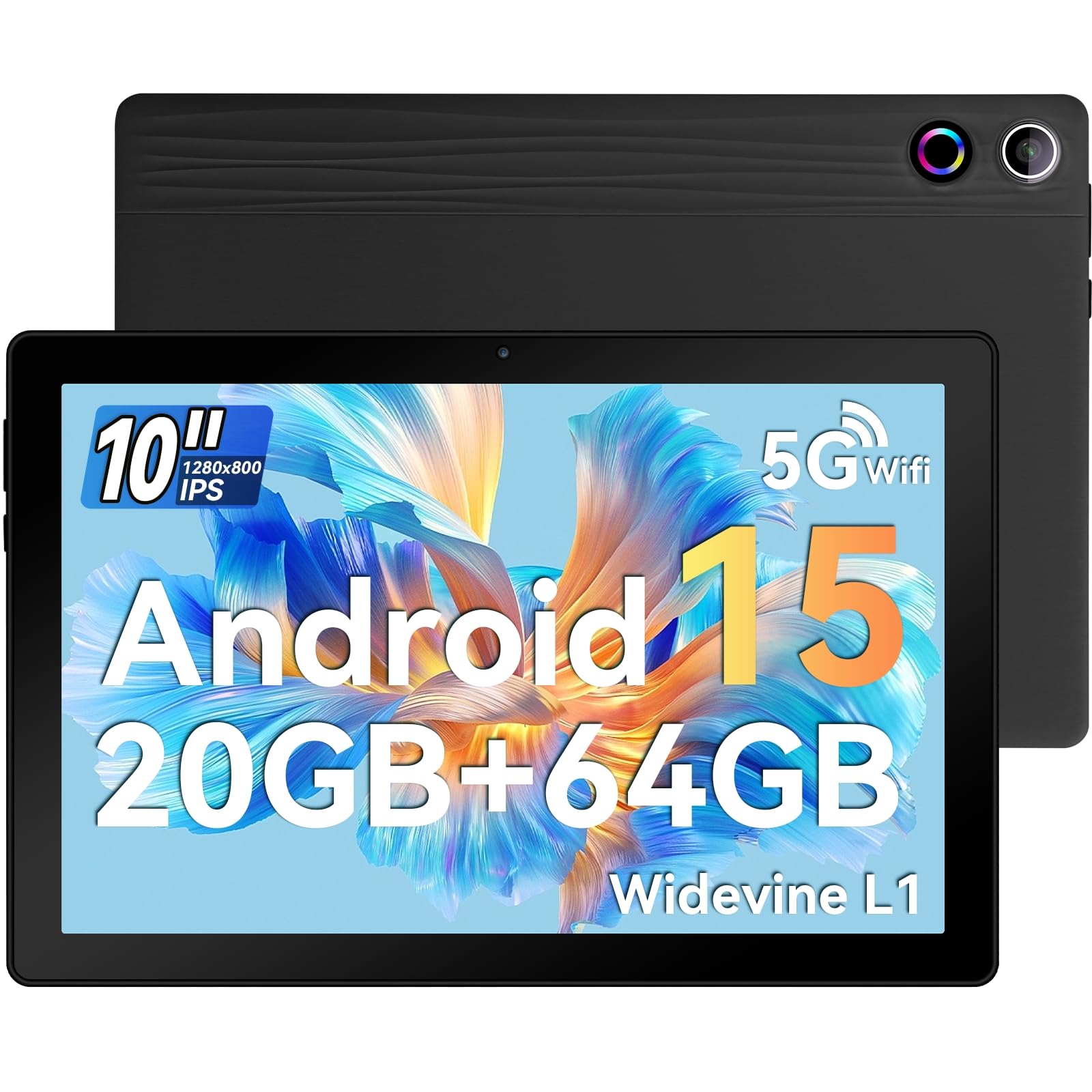 10 inch Tablet, (Upgrade) Tablets Android 15 20GB RAM 64GB ROM,1TB TF Card Expand, 1280 * 800 Full HD Tablet with Octa-Core Processor, 5000mAh Battery, 8MP & 5MP Dual Camera Face ID (Black)