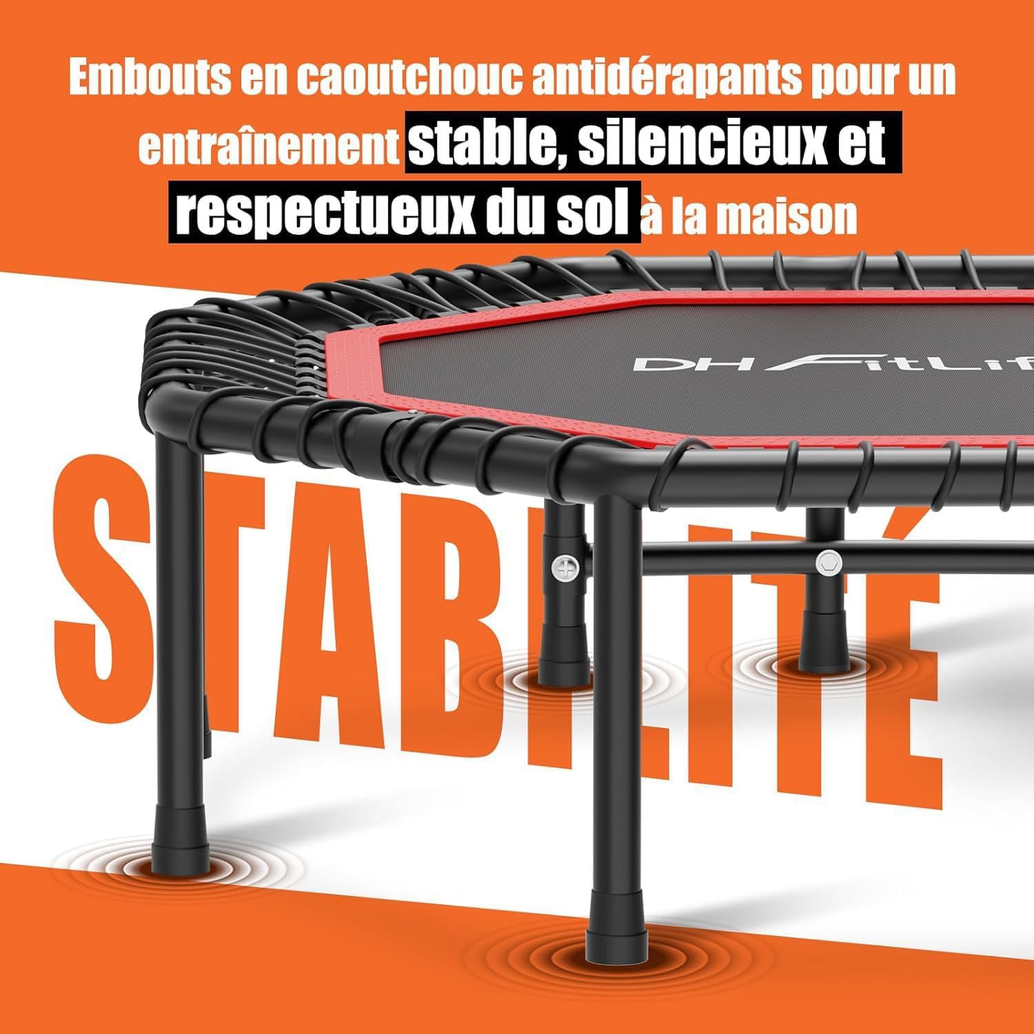 DH FITLIFE Trampoline de Fitness intérieur Pliable sans Installation | Ø121 cm (48 Pouces) | capacité de Charge 150 kg | 3 Niveaux de poignées réglables | Stable et Silencieux