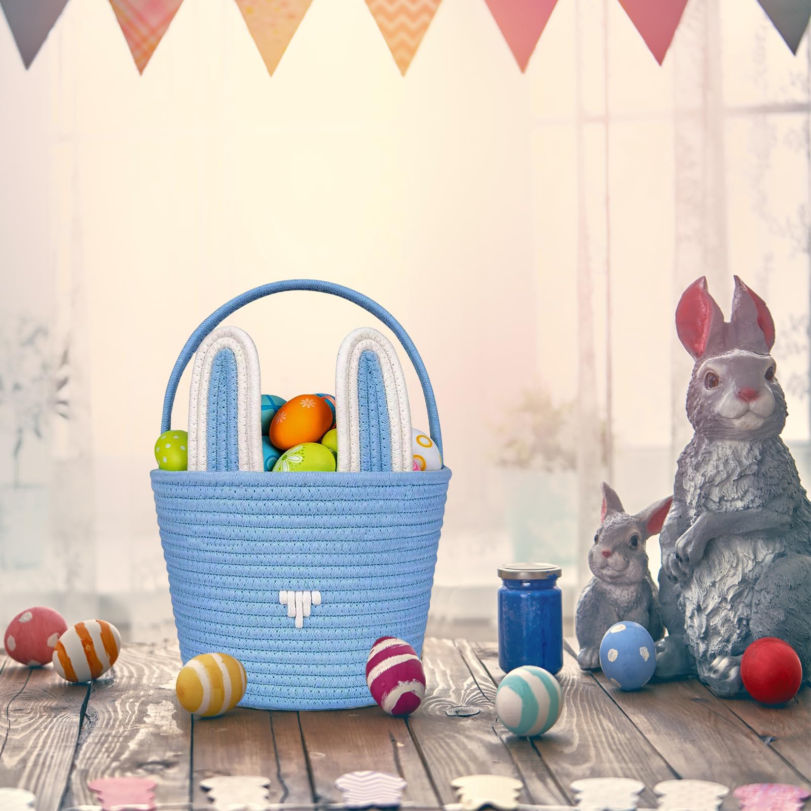 Poschnor Oster-Geschenkkorb leer mit Geschenktüten und Bändern, Osterhasenkorb, kleine gewebte Seilkörbe zum Organisieren, Korb zum Verschenken, Aufbewahrungskorb, Blau