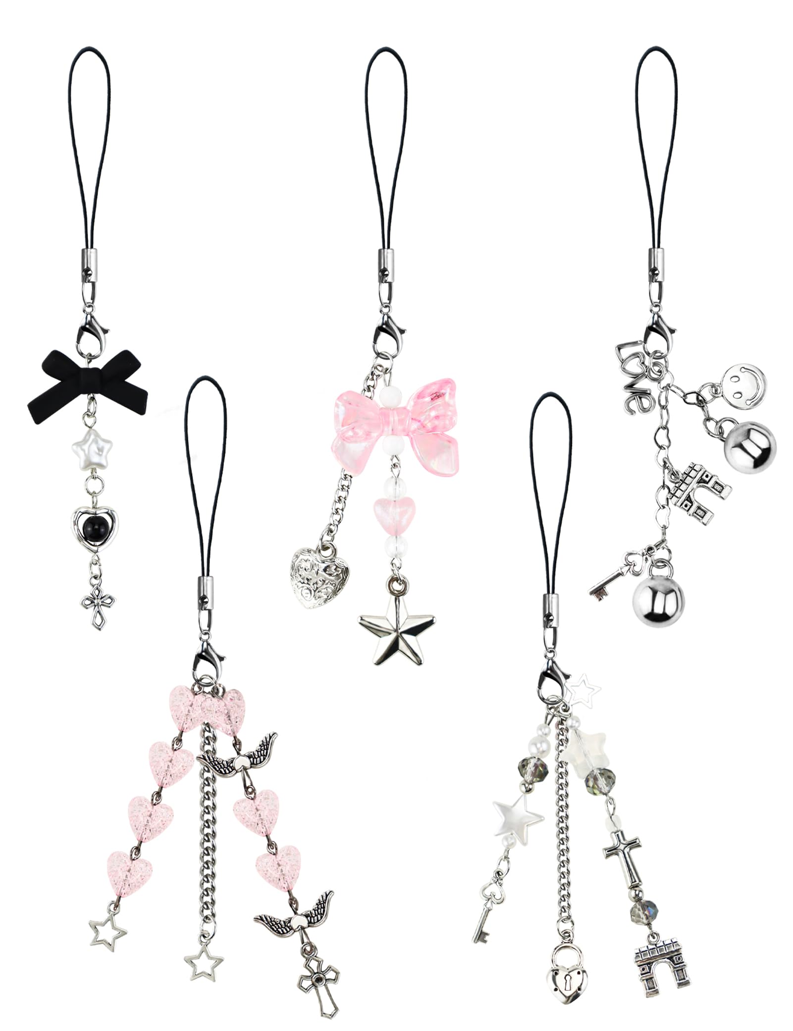 MEDIHOOL 5PCS Cute Phone Charms Aesthetic Y2K Cell Phone Charms Strap Pink Butterfly Star Smile Heart Charm Y2K Accessories for Keychain Airpods