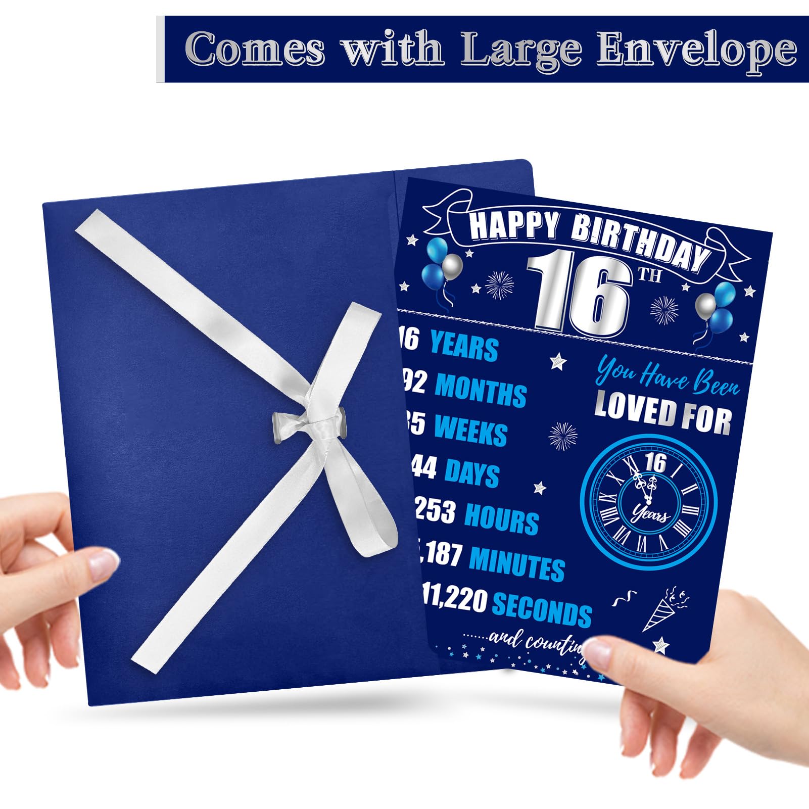 Tarjeta de felicitación de 16 cumpleaños con sobre para niño, tamaño grande, color azul y plateado, suministros para fiesta, libro de invitados de 16 cumpleaños, regalo de la firma Big Back in