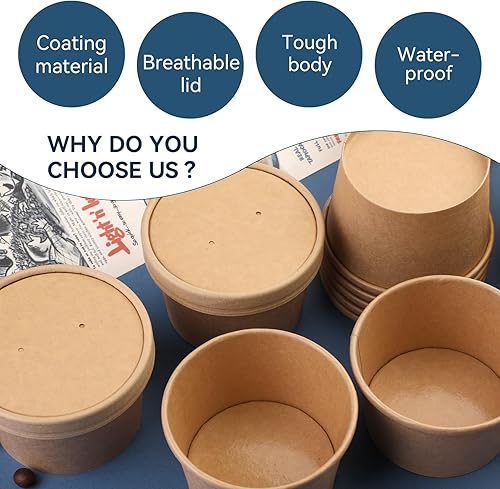 Miniatura 6 de Paquete de 75 tazas de sopa de papel de 12 onzas con tapas, cuencos de sopa de papel kraft desechables, recipientes de sopa de papel para llevar,