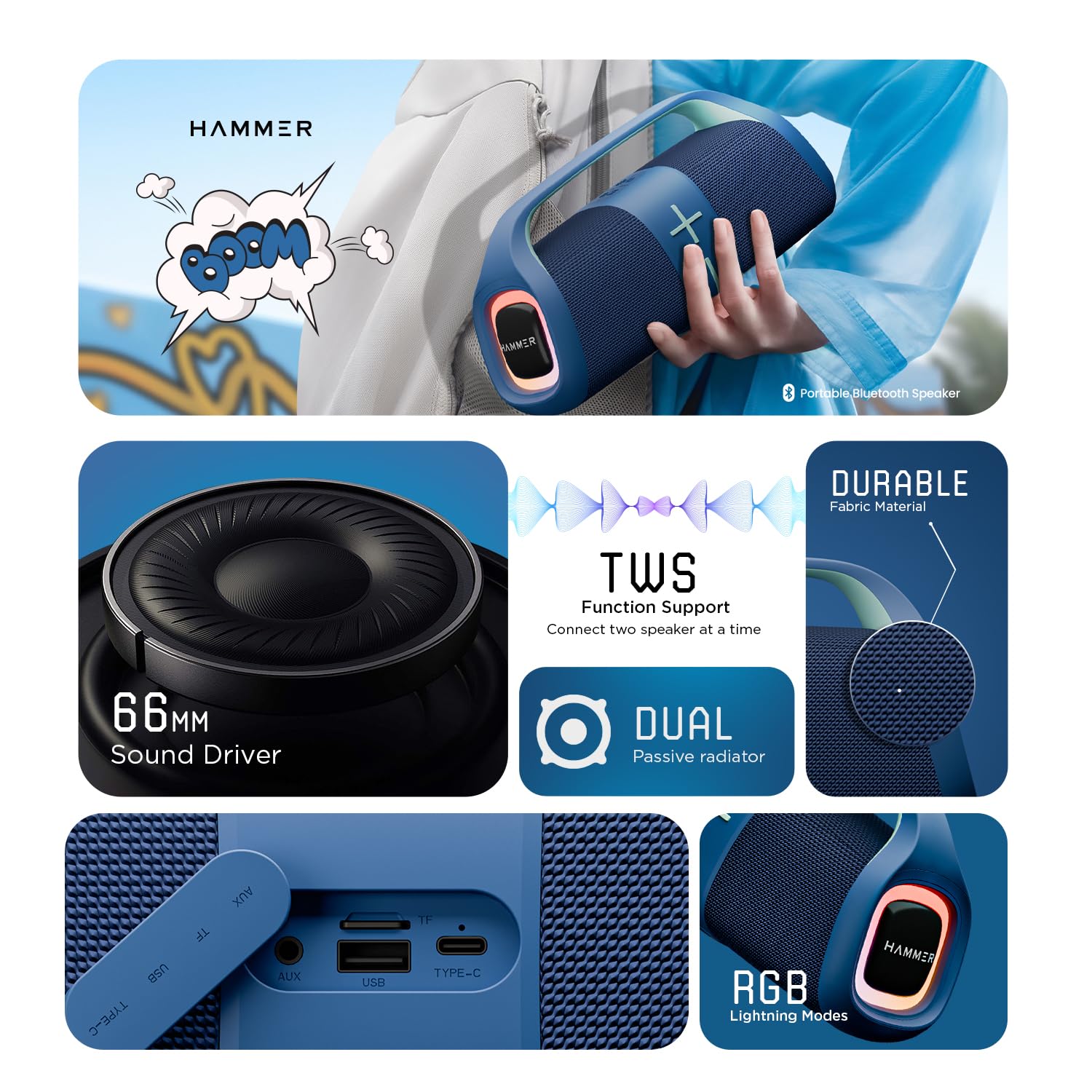 HAMMER Boom 30W Bluetooth Speaker with RGB Lights, Dual Passive Radiators, TWS Function, Type-C Charging, Multi-Connectivity (AUX/USB/TF/Bluetooth), Built-in Mic, Upto 30H Playtime, Carry Handle Blue — Amazon image 2