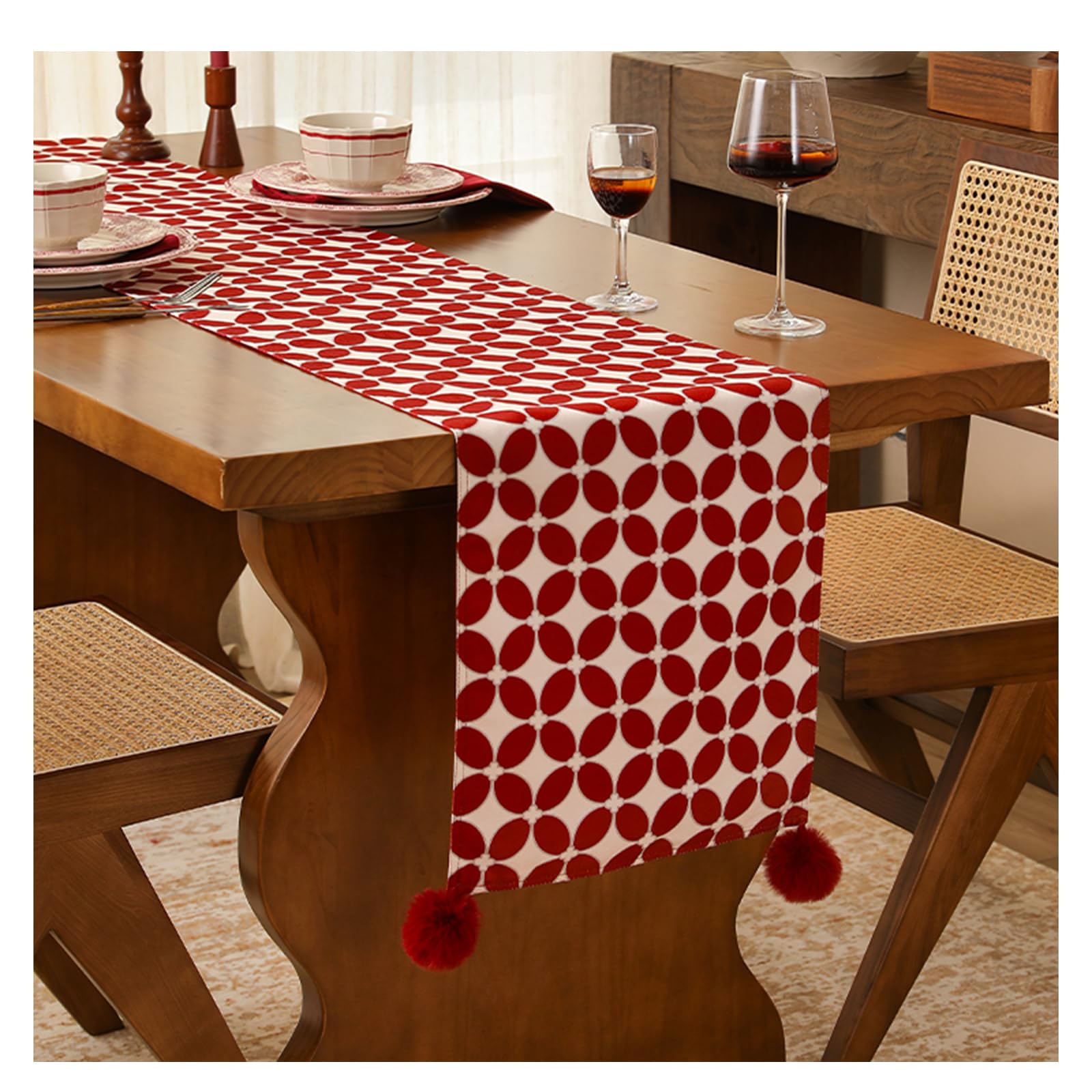 Dxcaicc Roter Tischläufer Aus Kunstleinen Mit Quasten, Jacquard- Und Druckstruktur, Hitzebeständige Tischdekoration Für Feiertagsessen Und Neujahrsfeiern,5,35×260cm