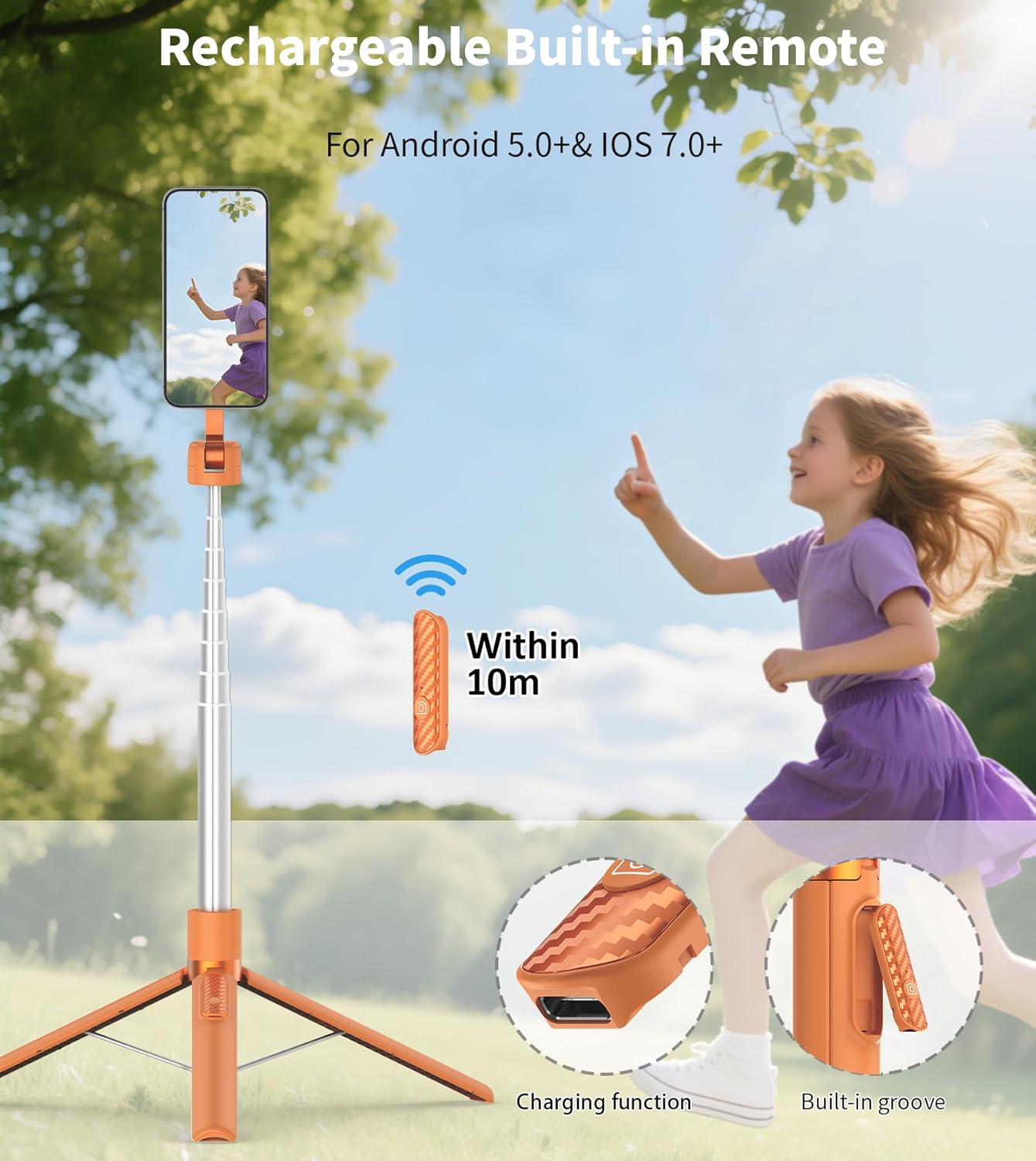 TONEOF 68" Magnetic Selfie Stick Tripod with Aluminum Strong Magnetic Holder for Magsafe, 360° Rotatable Travel Phone Tripod Stand with Metal Ring & Rechargeable Remote for iPhone/Android（Orange） - Image 6