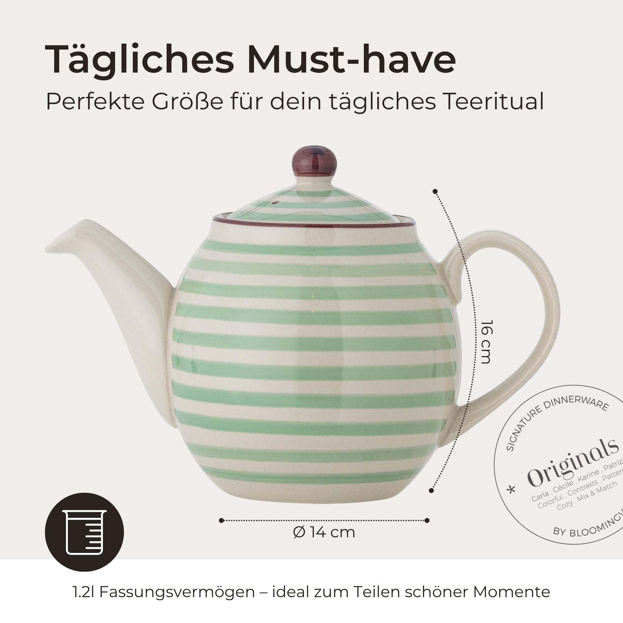 Bloomingville Teekanne Patrizia, Farbe Grün, aus Steingut, 1200 ml Inhalt, Spülmaschinengeeignet – Ideal zum Servieren von Tee & Heißgetränken