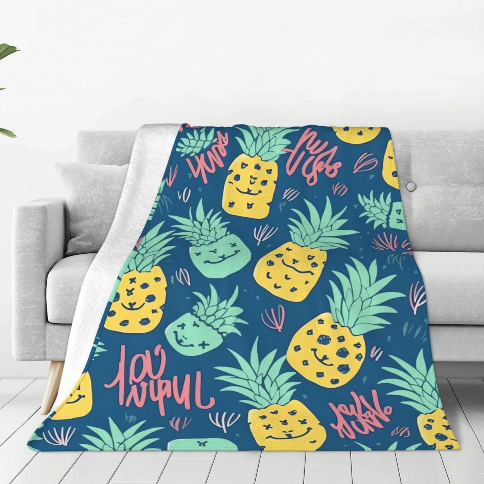 Cute Pineapple Pattern Throw Blanket for Couch, Plush Fuzzy Soft Flannel Blankets and Throws for Sofa, 50"x40" Bed Blankets for Travel Camping Chair, All Season Warm Fleece Blanket