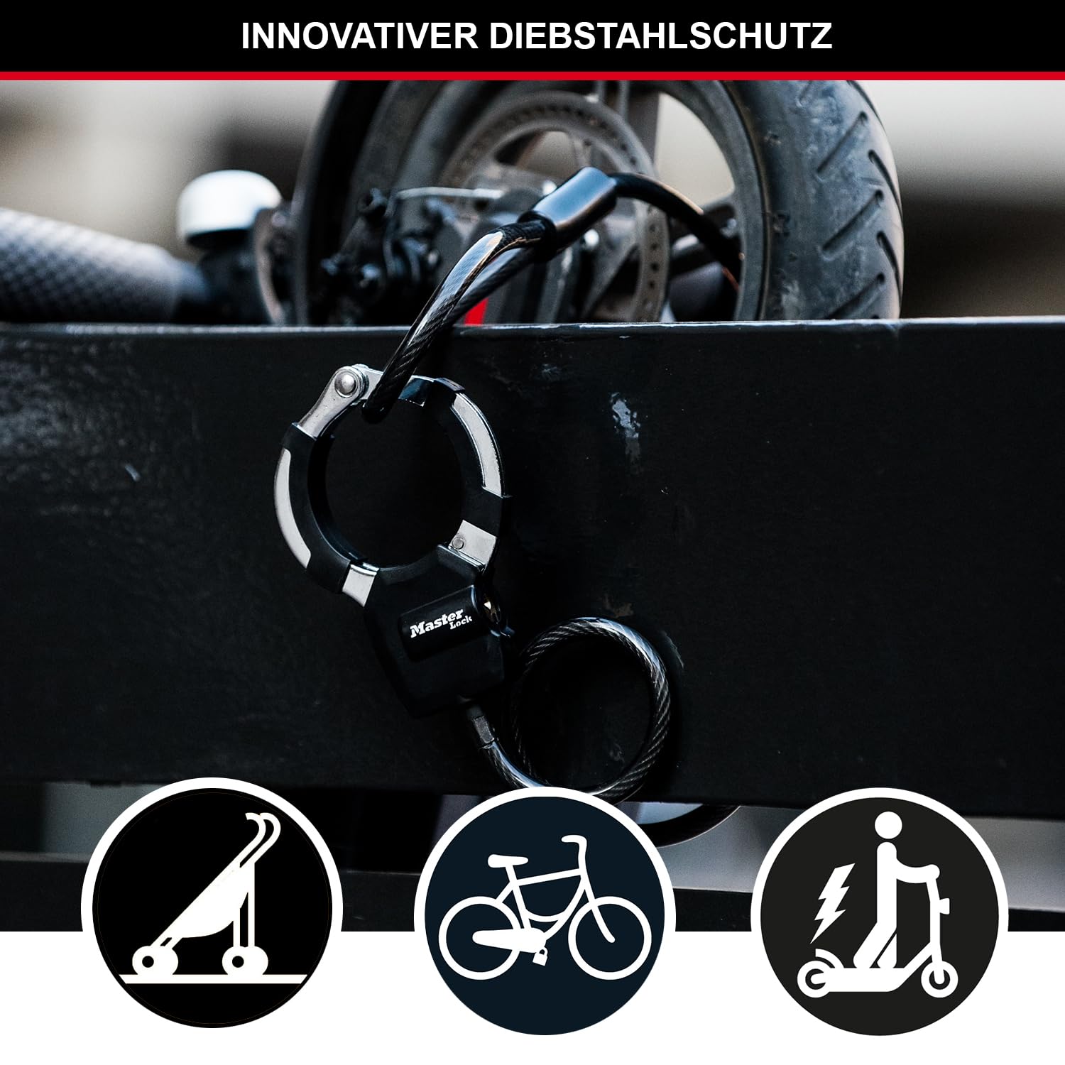Master Lock Kabelschloss mit Schlüssel, 1 m, Ideal für Scooter Roller, Fahrrad, Kinderwagen, Sportausrüstung