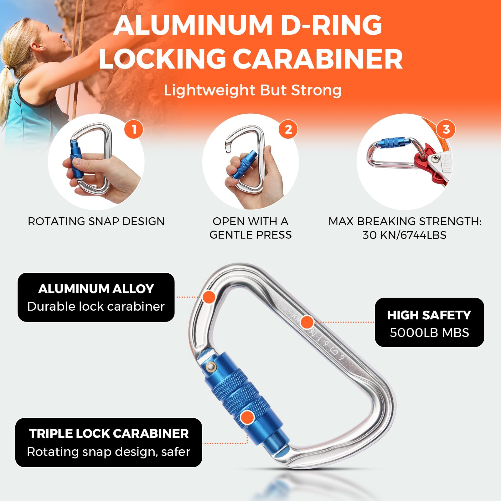 Cuerda de escalada de árbol de 1/2 pulgada x 12 pies con núcleo de acero con mosquetón de triple bloqueo, cierre giratorio de acero para protección contra caídas, mejor agarre, resistente a los