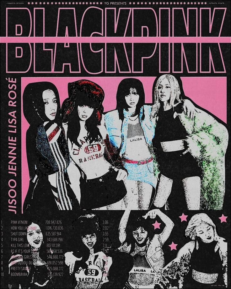 K-Pop Girl Group Poster – Glossy A4 Size, Self-Adhesive, Unframed Wall Art Featuring Jisoo, Jennie, Lisa & Rosé - Black&Pink (Classic)