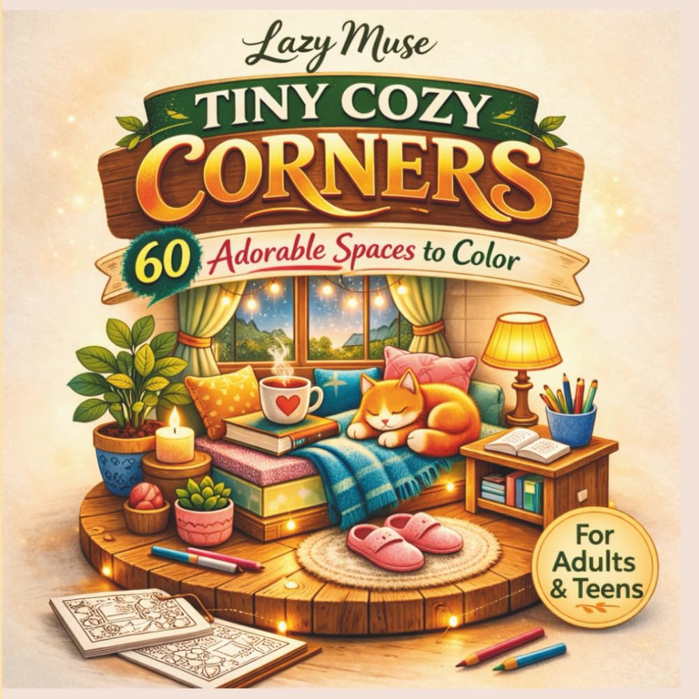 Tiny Cozy Corner Coloring Book - Little Corner Stress Relief Coloring Book for Adults, Teens - Cute Cozy Space Designs for Relaxation