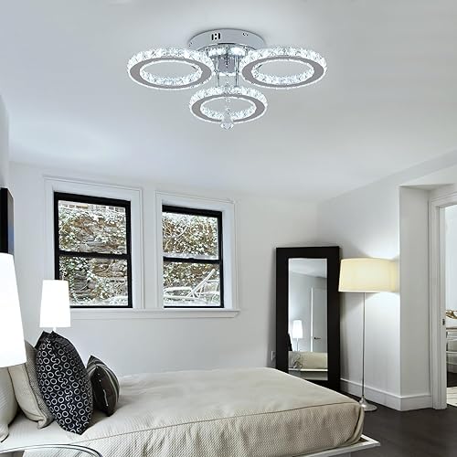 Miniatura 3 de Deckrico Moderno candelabro de cristal de montaje empotrado, lámpara de techo colgante de acero inoxidable de 3 anillos redondos para sala de estar,