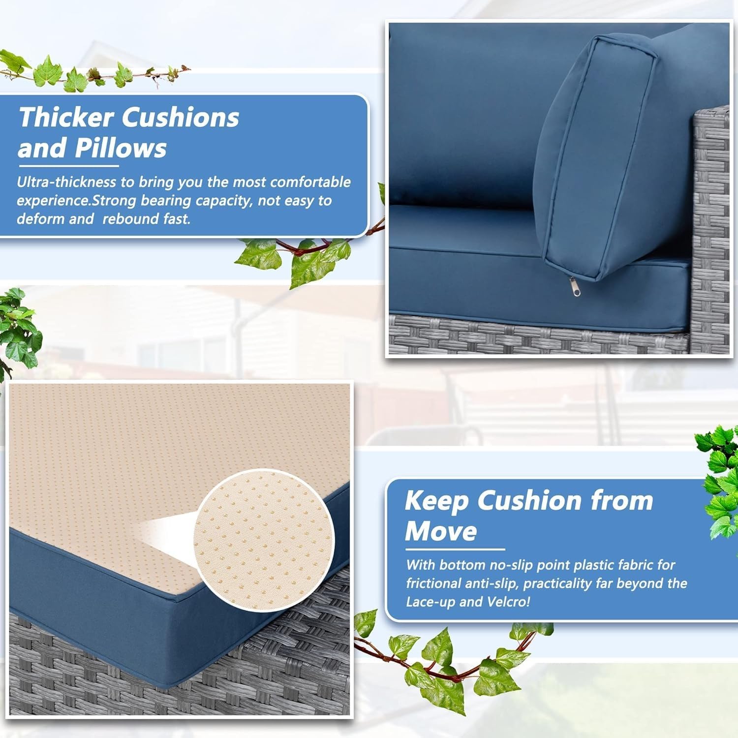 Silver Gray PE Wicker Furniture Conversation Sets with Washable Cushions Glass Coffee Table 7 Pieces Outdoor Patio Sectional Sofa Couch for Garden Poolside Backyard