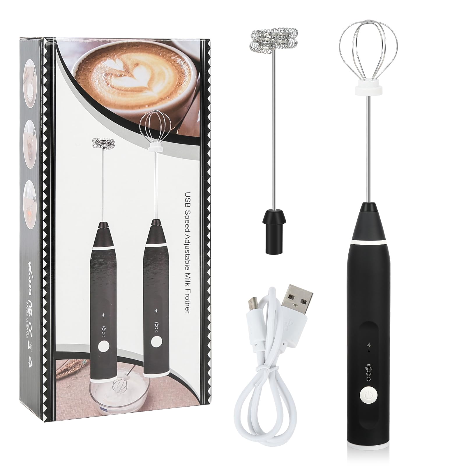 Milk Frother 3 Speeds Rechargeable Milk Frother Coffee Beater With 2 Stainless Steel Whisks Frother Drink Mixer for Coffee,Beverage Mixer, Frappe, Latte, Matcha, Hot Chocolate.