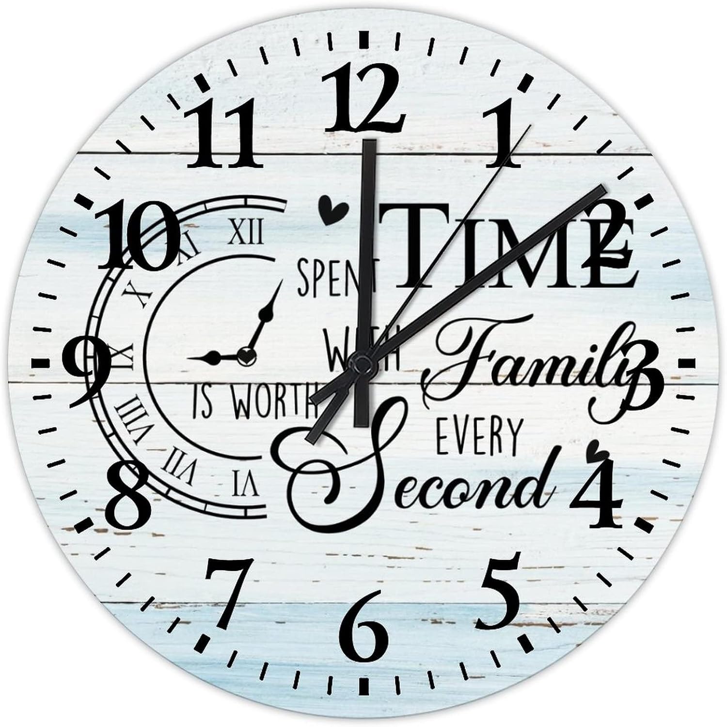 Time Spent with Family is Worth Every Second Wooden Wall Clocks 15 Inch, Family Inspirational Quote Wooden Decorative Battery-Powered with Quartz Movement Round Arabic Numeral Clock for Home Office