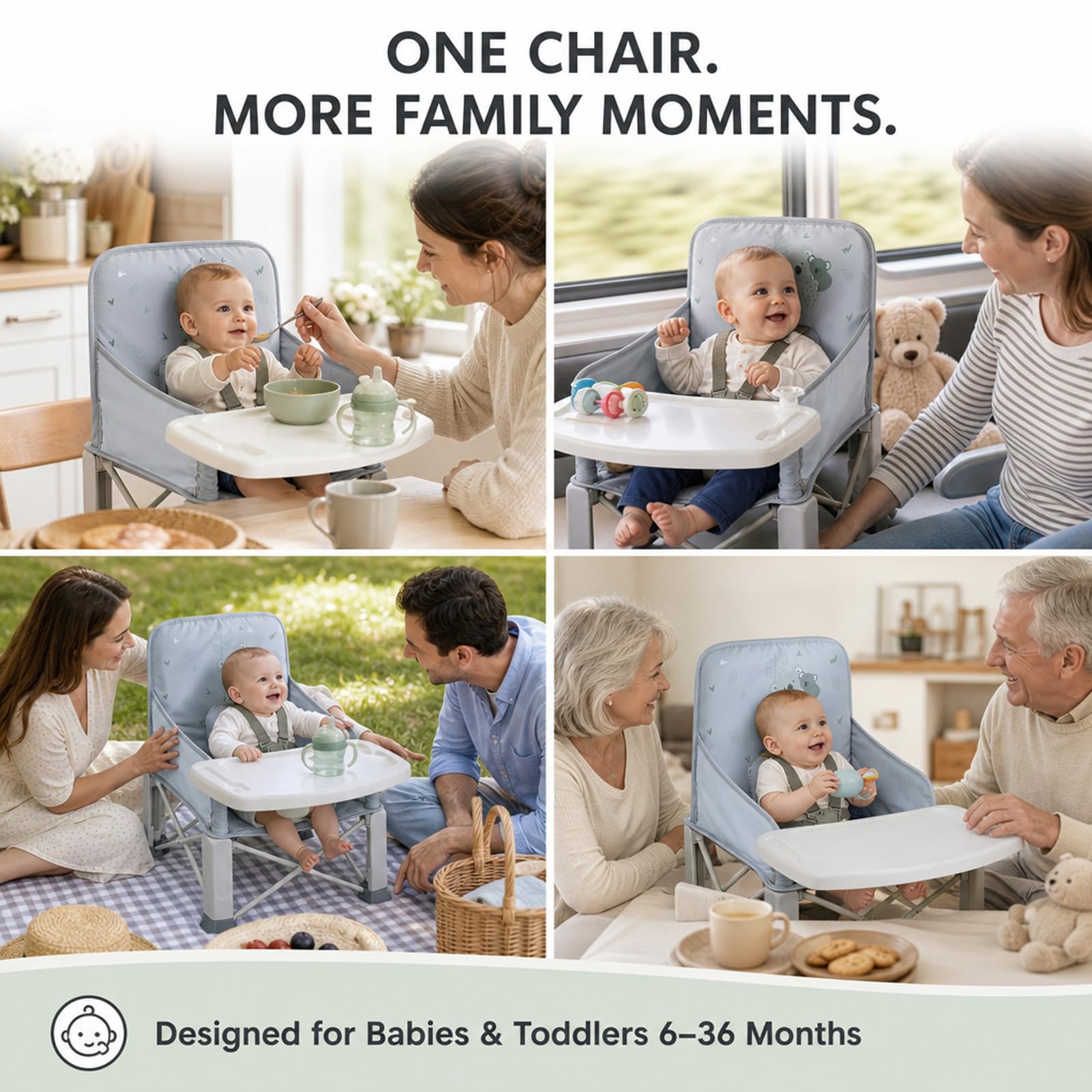 Bebamour Silla alta de exterior plegable Asiento para niño con bandeja extraíble Asiento para niño con bolsa, Koala