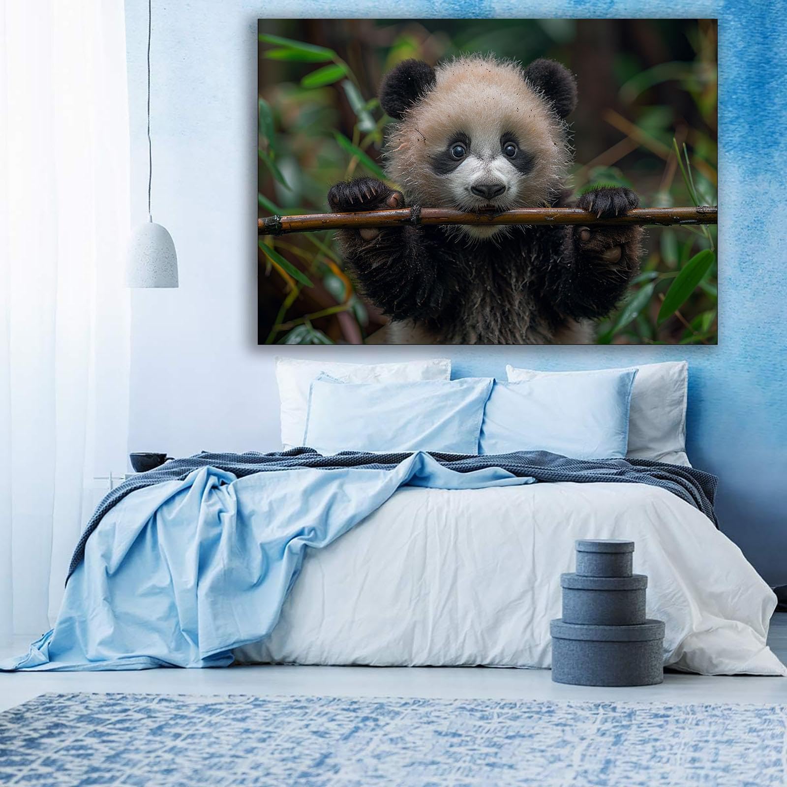 DunPei Art animalier de la jungle Panda allongé sur la clôture Peintures sur toile modernes pour salon,chambre à coucher,salle à manger,décoration de bureau à domicile-50x70cm Encadrée
