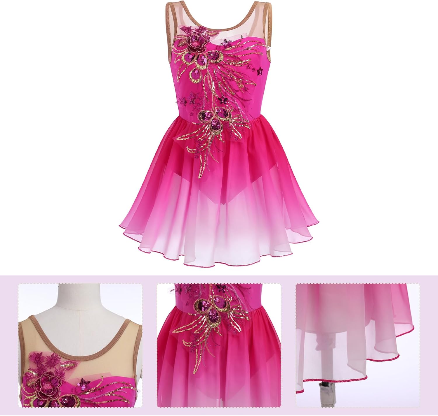 Figure Skating Dress for Women Ice Skating Costume Shiny Sequins Flower Dance Leotard Gradient Chiffon Flowy Skirt