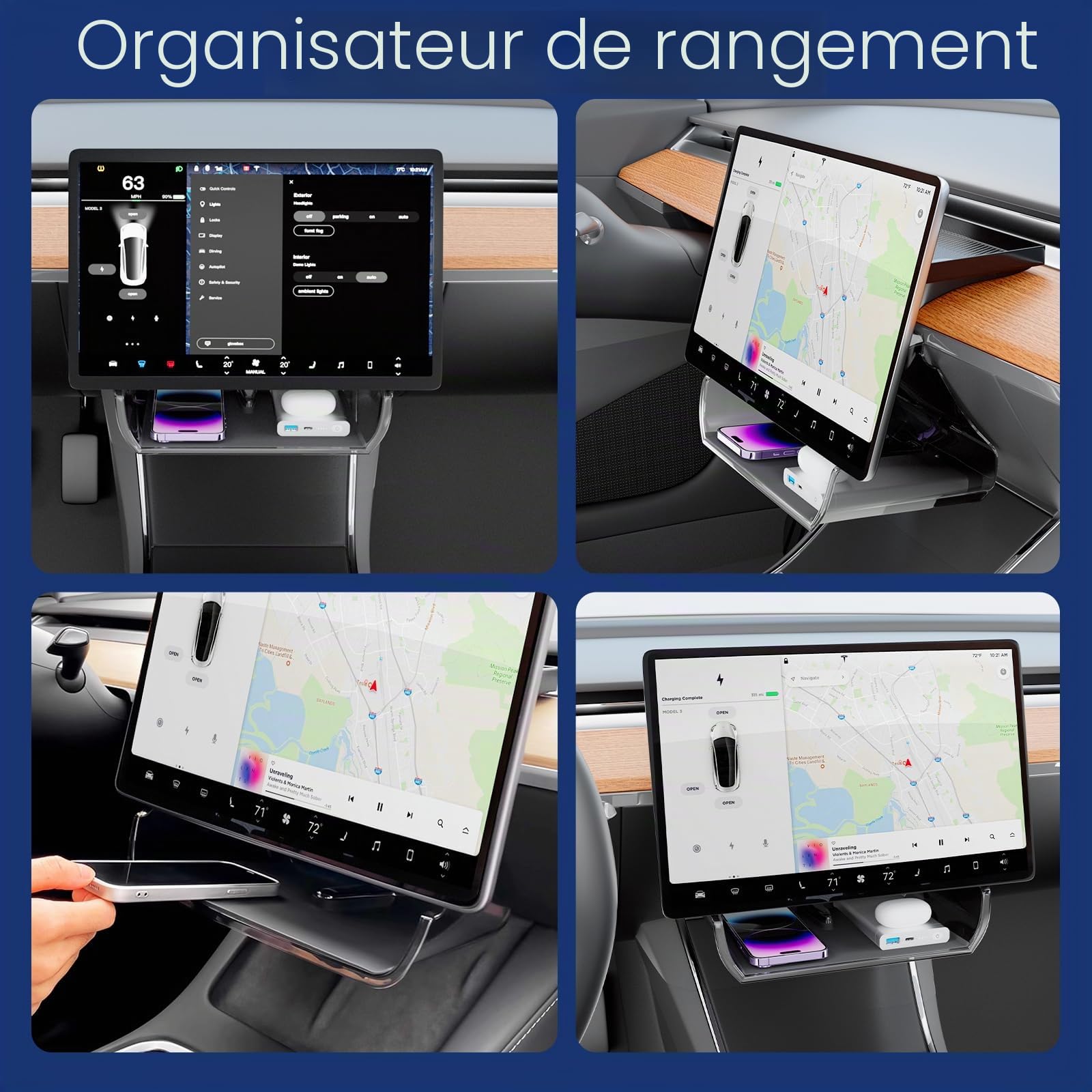 Tesla Model Y Model3 Plateau de rangement magnétique derrière l'écran accessoires Tesla Model Y 2024-2021 noir