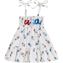 Kayotuas 4th of July Toddler Girl Outfit Smocked USA Dress Sleeveless Tie Strap Fouth of July Dresses Kids Patriotic Clothes