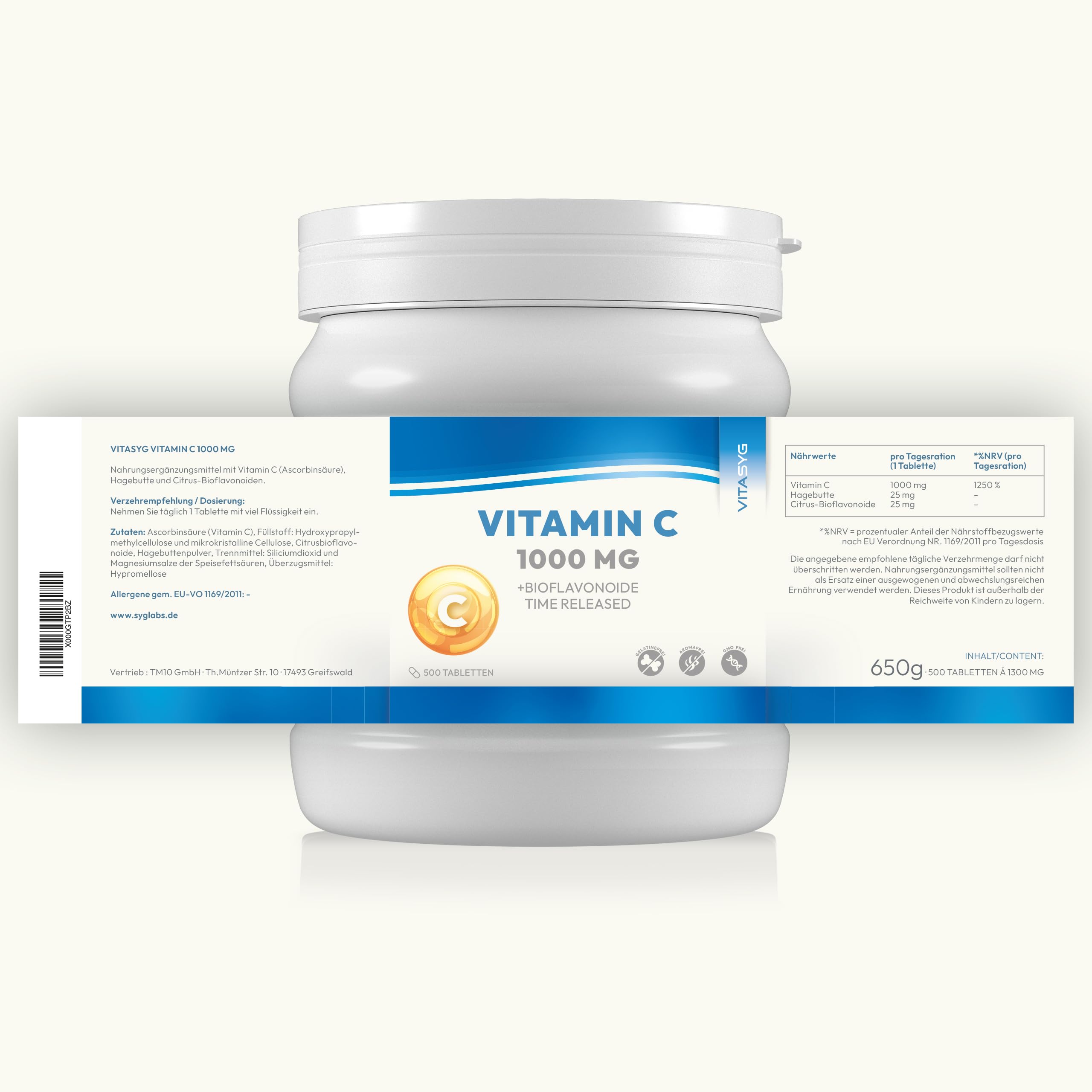 Vitamin C 1000mg - 500 Tabletten - + Citrus Bioflavonoide + Hagebutte - Time Released - Vegan | mit Citrus Bioflavonoiden und Hagebutte - Time Released Depotformel - hochdosiertes Vitamin C