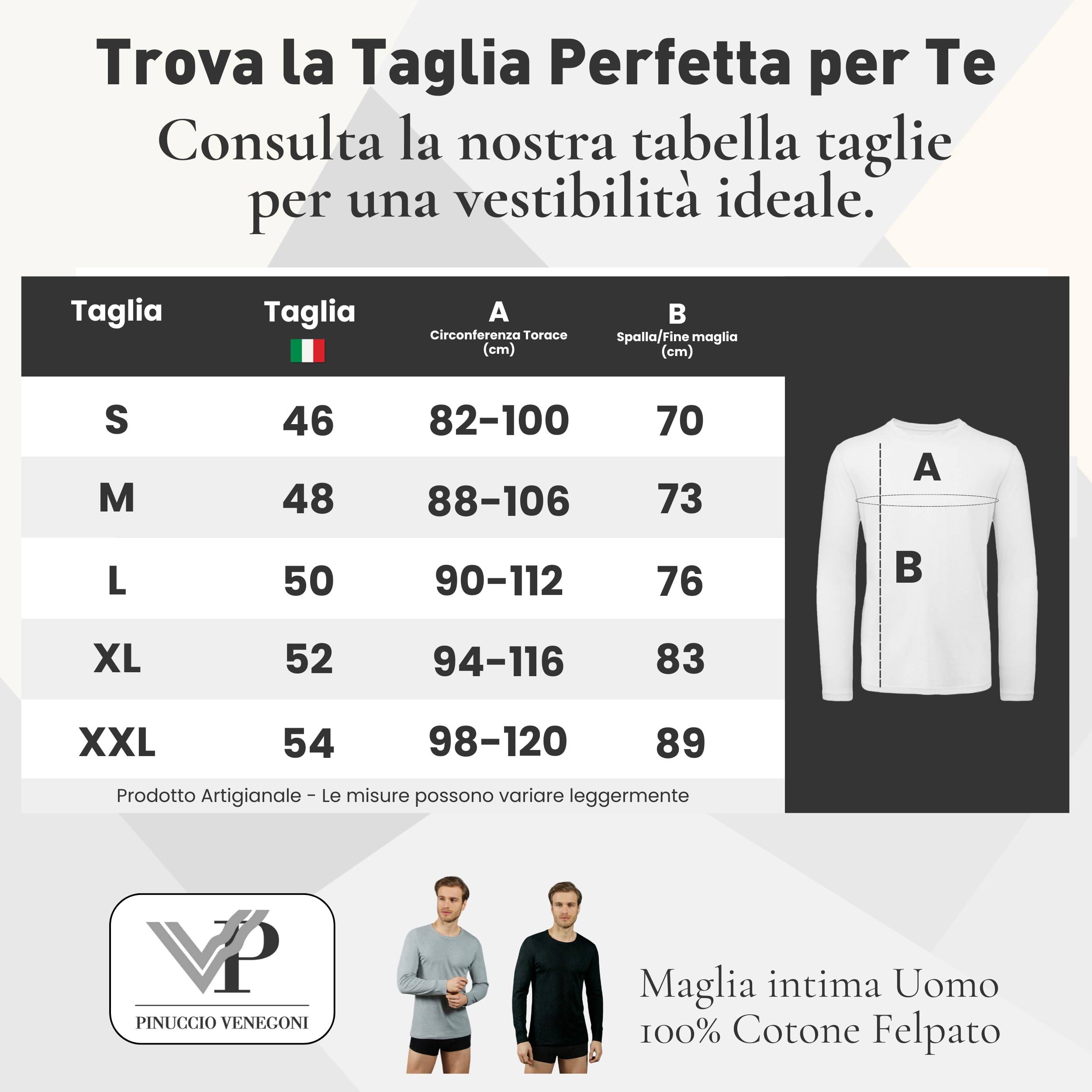 VP PINUCCIO VENEGONI Camiseta de manga larga para hombre (paquete de 2) 100% algodón afelpado | Camiseta térmica para hombre de invierno, cuello redondo, camiseta interior, fabricada en Italia