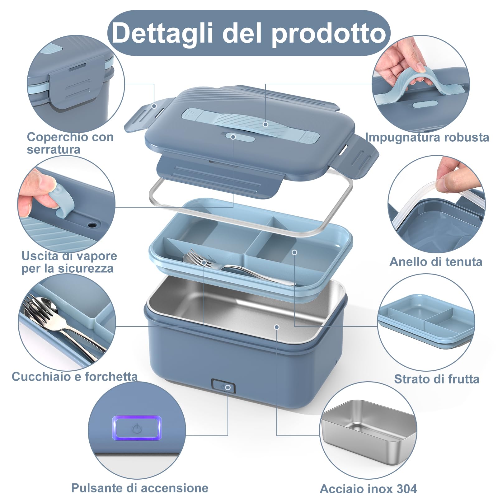 Herrfilk 100W Scaldavivande Elettrico Portatile, 12/24/230 V 3-in-1 Porta Pranzo Riscaldabile,con Posate e Sacchetto Isolato, a Prova di Perdite, Grande Contenitore da 1,8 l,per Auto, Camion, Ufficio