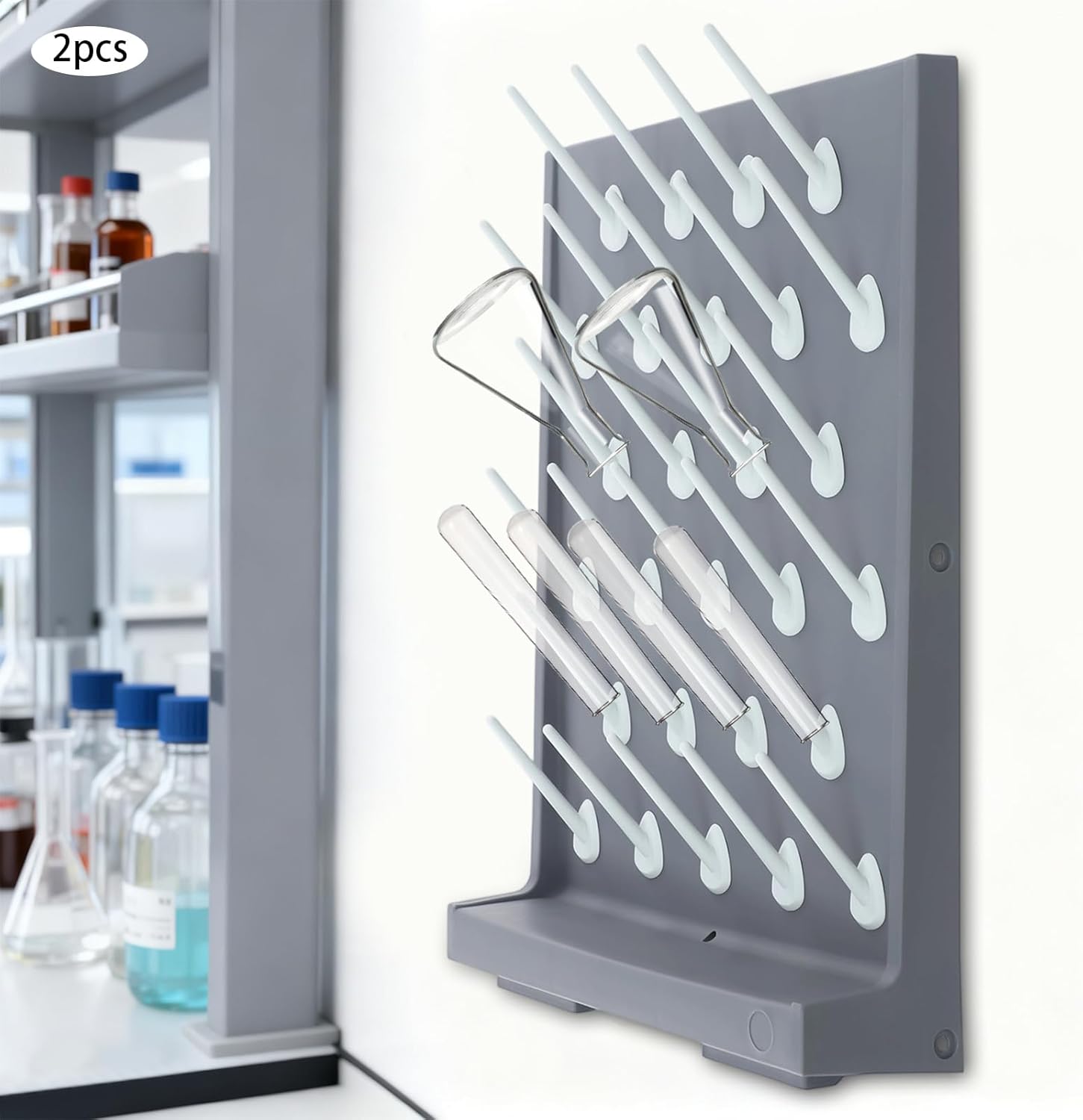 2-Pack Wall-Mount Lab Drying Rack with 27 Pegs, Laboratory Glassware Dryer with Drain Tray & Water Outlet Hose, Anti-Corrosive Polypropylene Rack for Beakers, Flasks, Tubes