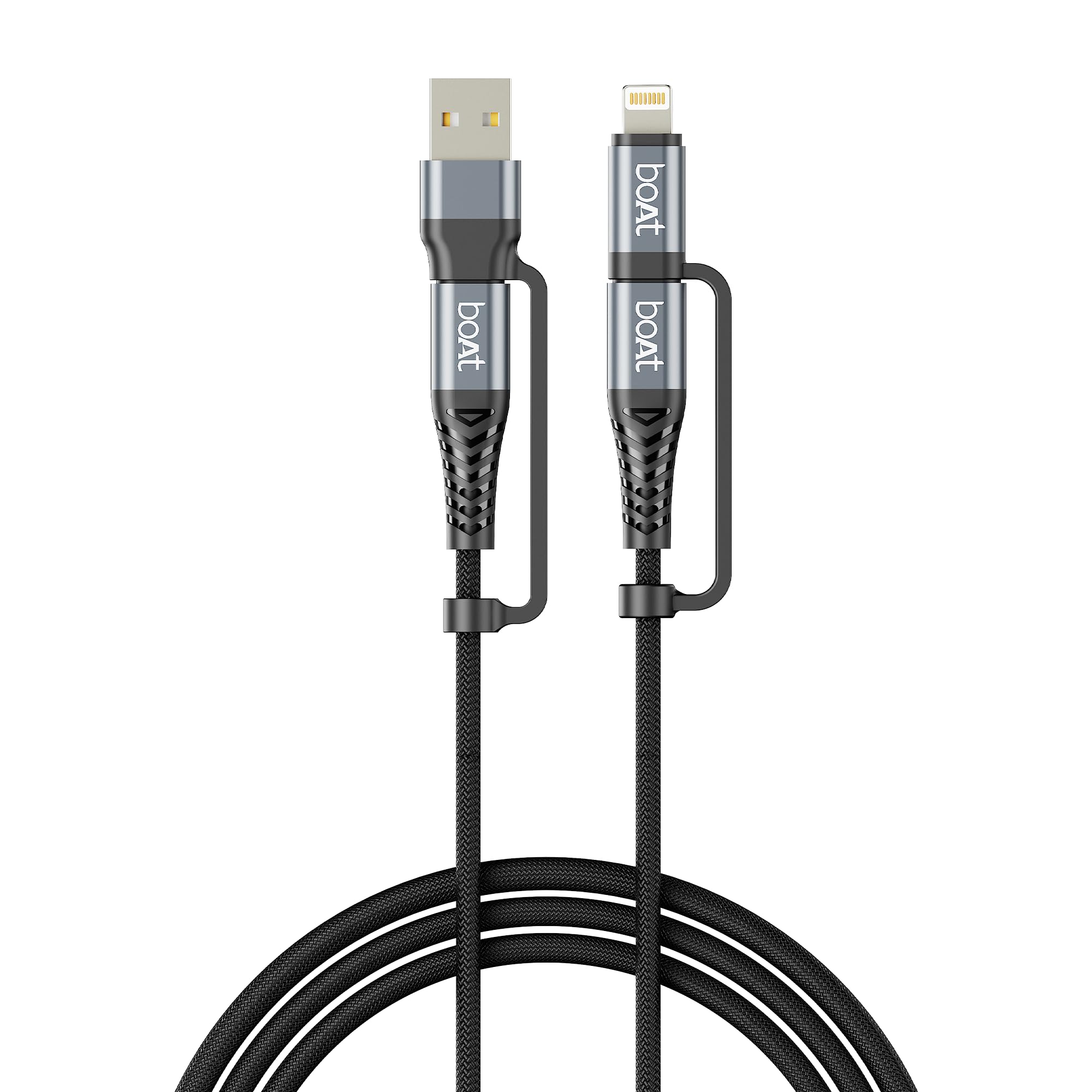 boAt FlexiCharge 401 Cable with 4-in-1 Connectivity Type-C, Lightning & USB-A; 60W PD Fast Charging, 480 Mbps Data Sync, 1.2 m,10000+ Bends Lifespan, For Apple, OnePlus, Android, Laptop (Carbon Black)-picture-20