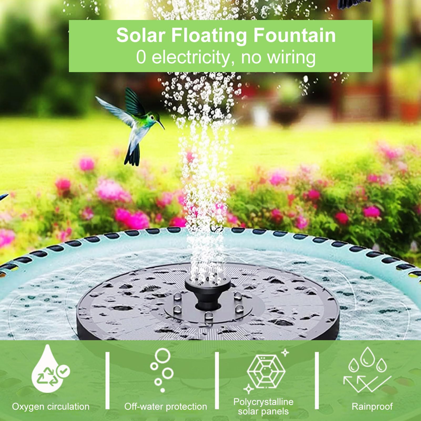 Fuente de Energía Solar, con Batería de 1500 MAh, Panel de Vidrio de 23 Cm, Altura de Rociado de 60 Cm, 7 Boquillas, Luces LED Que Cambian de Color para Jardín, Estanque, (6W Diámetro 23CM)