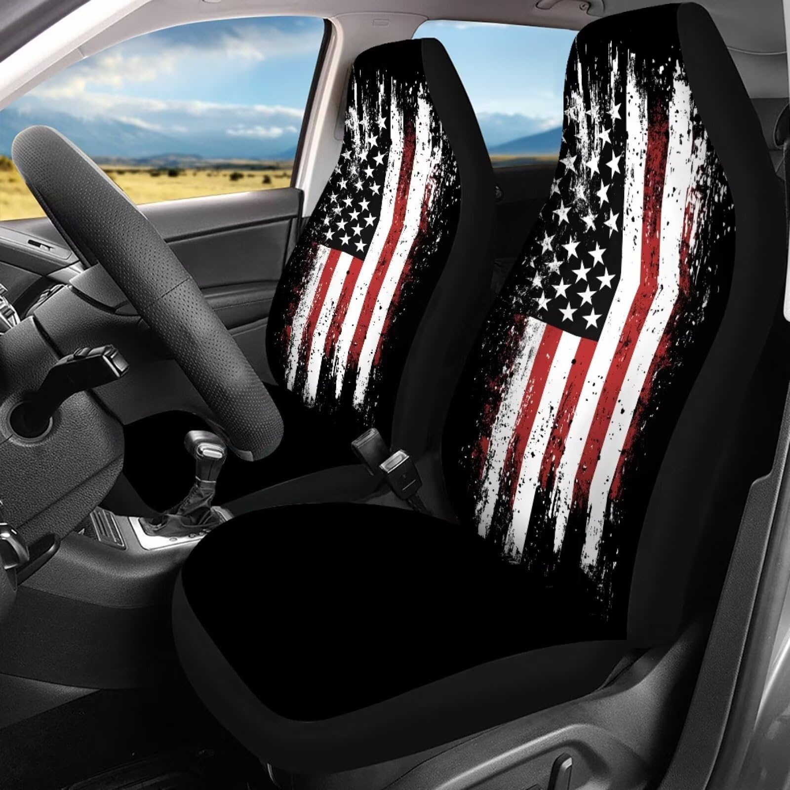 KEIAHUAN 4th of July Car Seat Cover Full Set American Flag Patriotic Breathable Car Front Seat Cover and Rear Bench Cover Set of 4