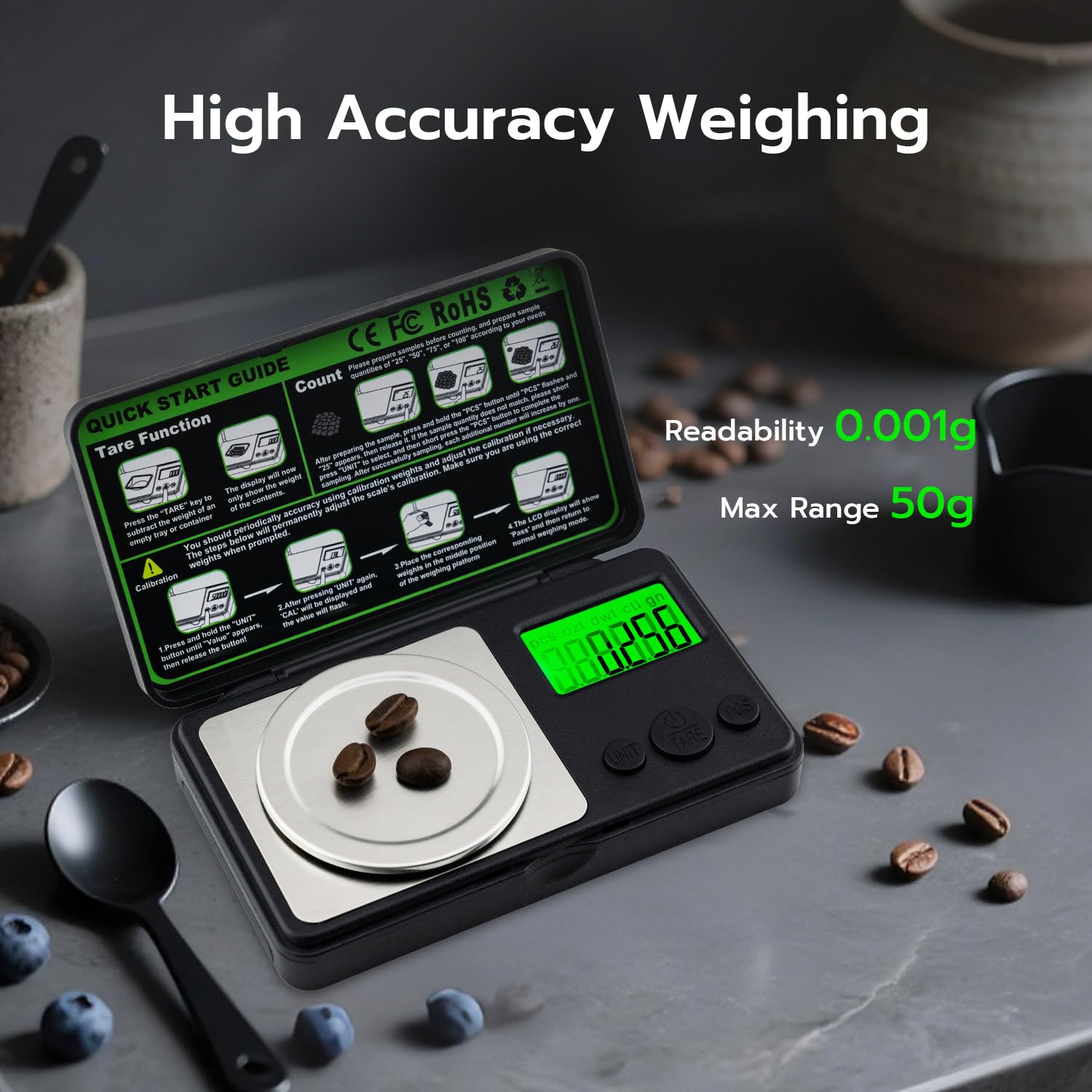 Báscula digital de miligramo de 1.76 oz x 0.00 oz, mini báscula de precisión con función de peso de tara, peso de calibración y pantalla LCD retroiluminada, microbáscula de bolsillo para 3