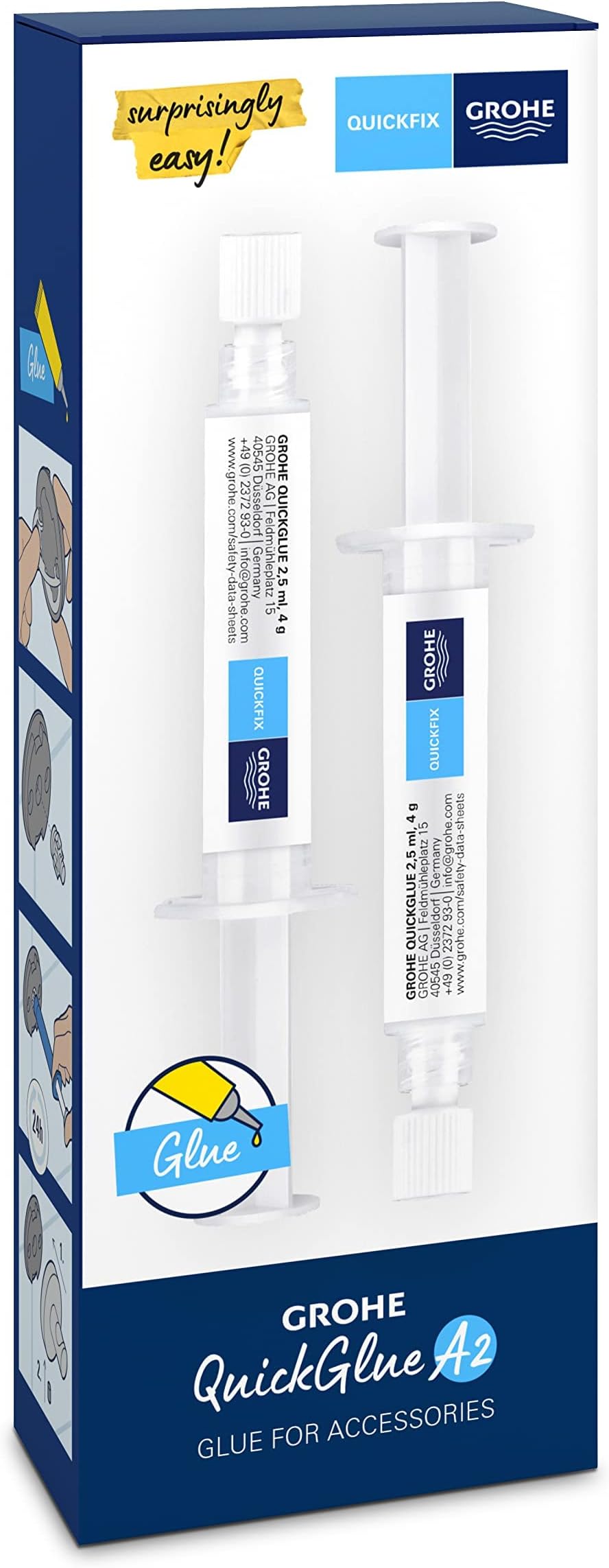 QuickGlue A2 - Contains 2 Syringes with Glue and 2 Adapters for GROHE QuickFix Bathroom Accessories for 2 Wall Mounting Plates, Curing Time 24 Hours, 41128000