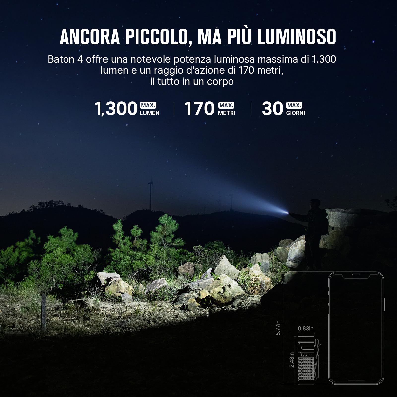 OLIGHT Baton4 Torcia EDC Standard per Tasca, Compatta e Potente 1300 Lumen Pulsanti Laterali Durevoli e Luci di Indicazione Torcia LED Adatta per Uso Domestico o Viaggi all'Aperto (Nero)
