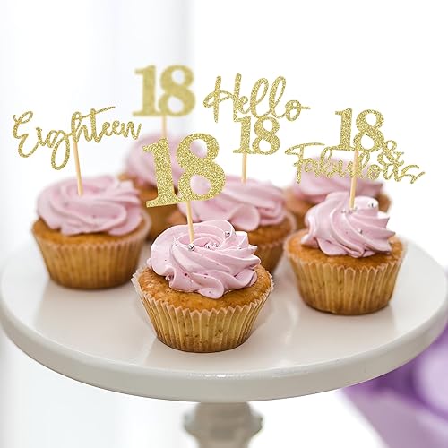 Miniatura 2 de 48 adornos para cupcakes de cumpleaños de 18 años con purpurina 18 y fabuloso Hello 18 Dieciocho para tartas de 18 años de edad para niños y niñas,
