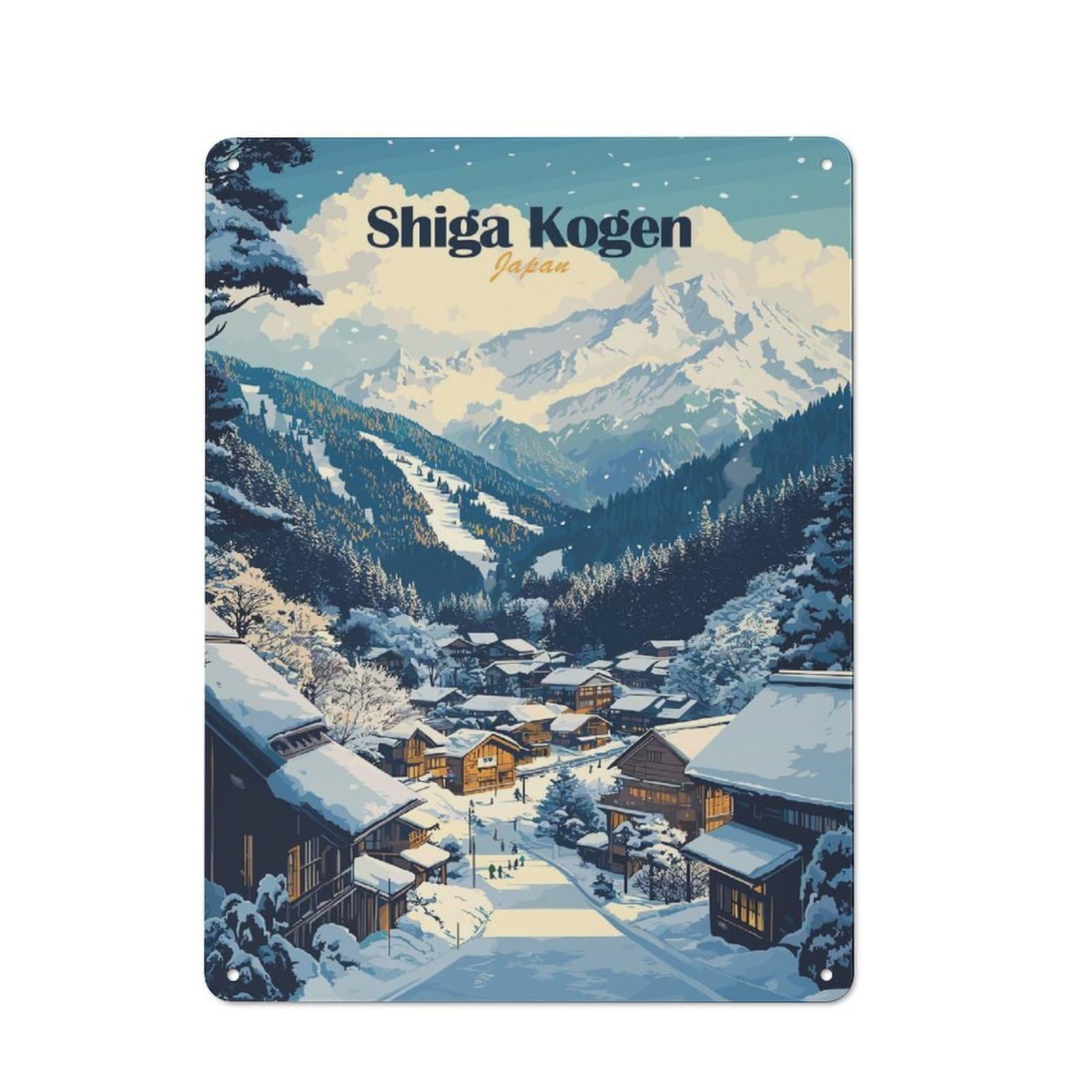 Junmoney Style-12 Decorative Tin Plaque With Shiga Kogen Japan Winter Village Design 40X30cm, Nostalgic Home Bar Decor For Bar, Kitchen, Garage Or Games Room