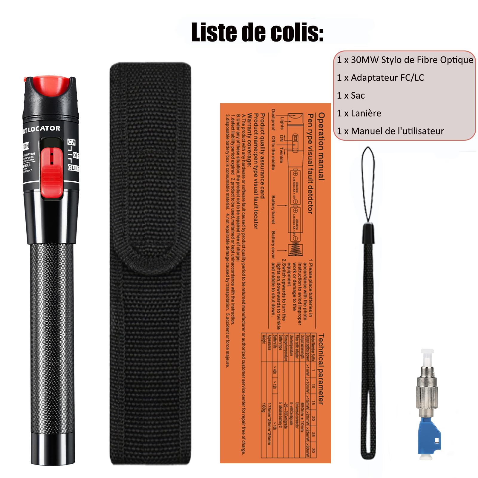 Tester di Cavo a Fibra Ottica, Penna FTTH, Localizzatore Visivo di Guasti 50KM 50mW con Adattatore FC-LC per Ingegneria a Fibra Ottica