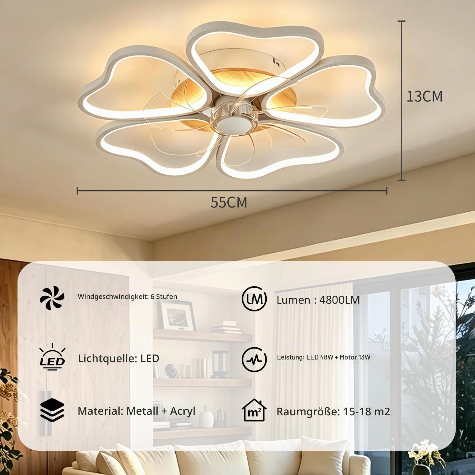 Ventilator Deckenleuchte, 6 Geschwindigkeiten LED Deckenventilator mit Beleuchtung, 3000K-6000K 48W Dimmbare LED Deckenventilator mit Licht für Wohnzimmer Schlafzimmer Büro, Timer, Leise, 50cm