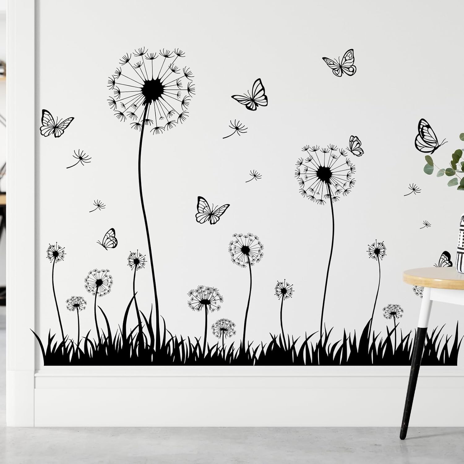 Dandelion and Butterfly Wall Decals Removable Black and White Nature Vinyl Stickers for Nursery Living Room and Bathroom Decor Peel and Stick Minimalist Botanical Wall Art
