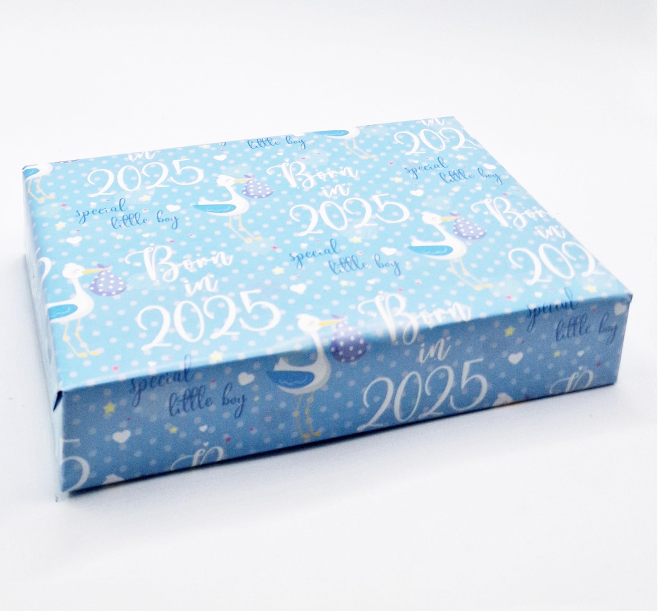 2 Sheets 2 Tags Born In 2025 Boy Wrapping Paper New Baby Arrival Cute Birthday Gift wrap Blue and White (PA)