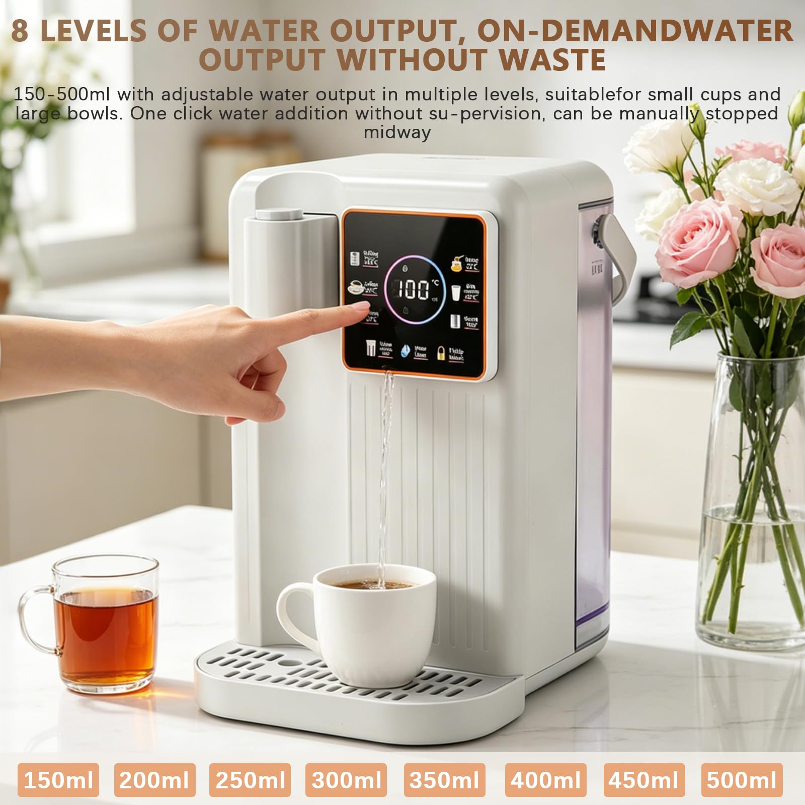 Dispensador de Agua, Estación de Agua 3L Dispensador Instantáneo de Caliente con 2 Filtro Instantáneo de Encimera con 6 Temperaturas Ajustables y 8 Volúmenes de Agua, Tanque Extraíble