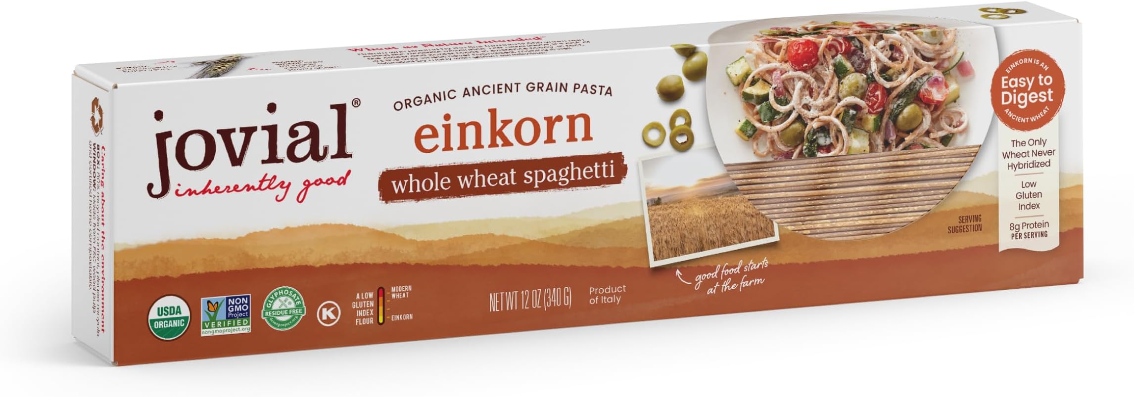Spaghetti Einkorn Pasta | Organic Whole Grain Spaghetti | Non-GMO | High Protein | Lower Carb | USDA Certified Organic | Kosher | Delicious Pasta | Made In Italy | 12 oz