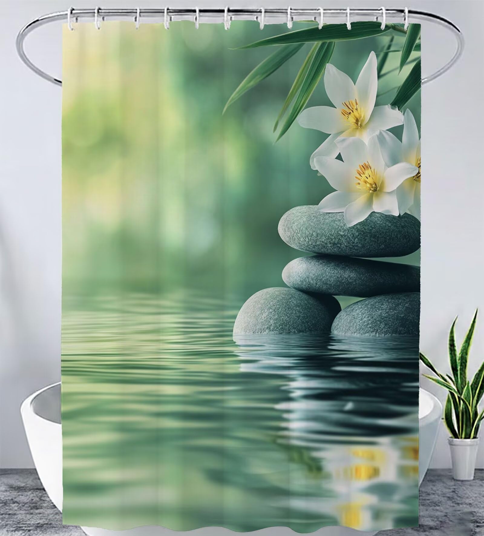 AUWUUA Shower Curtain Zen Garden 79x87in/200x220cm/WxH Green Shower Curtain Orchid, Japanese Meditation Relaxing Waterproof Polyester Fabric Bathroom Curtains with Hooks