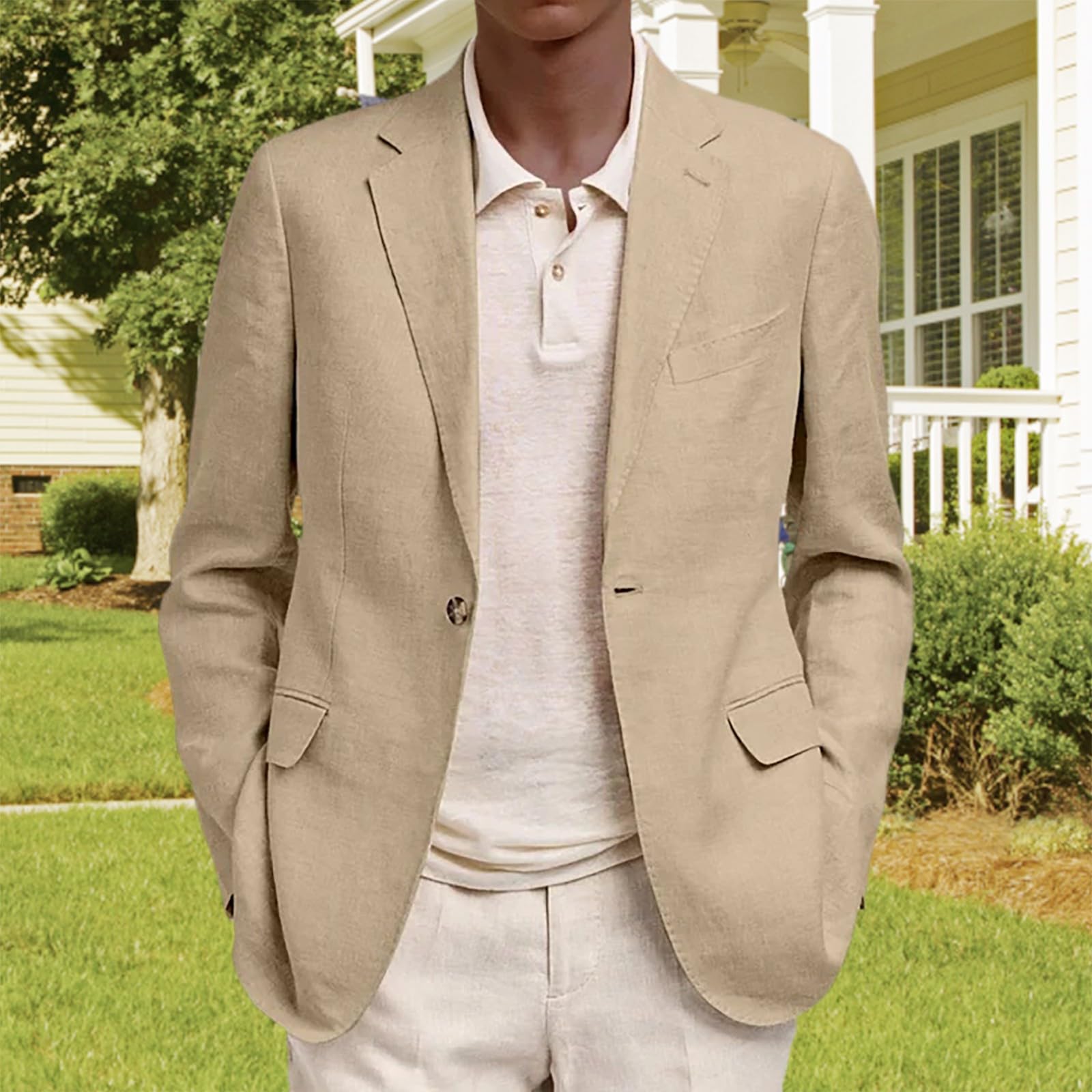 Chaqueta blazer para hombre, tela de lino de algodón, ajuste regular, cierre de dos botones, patrón de espiga, abrigo deportivo versátil para trajes