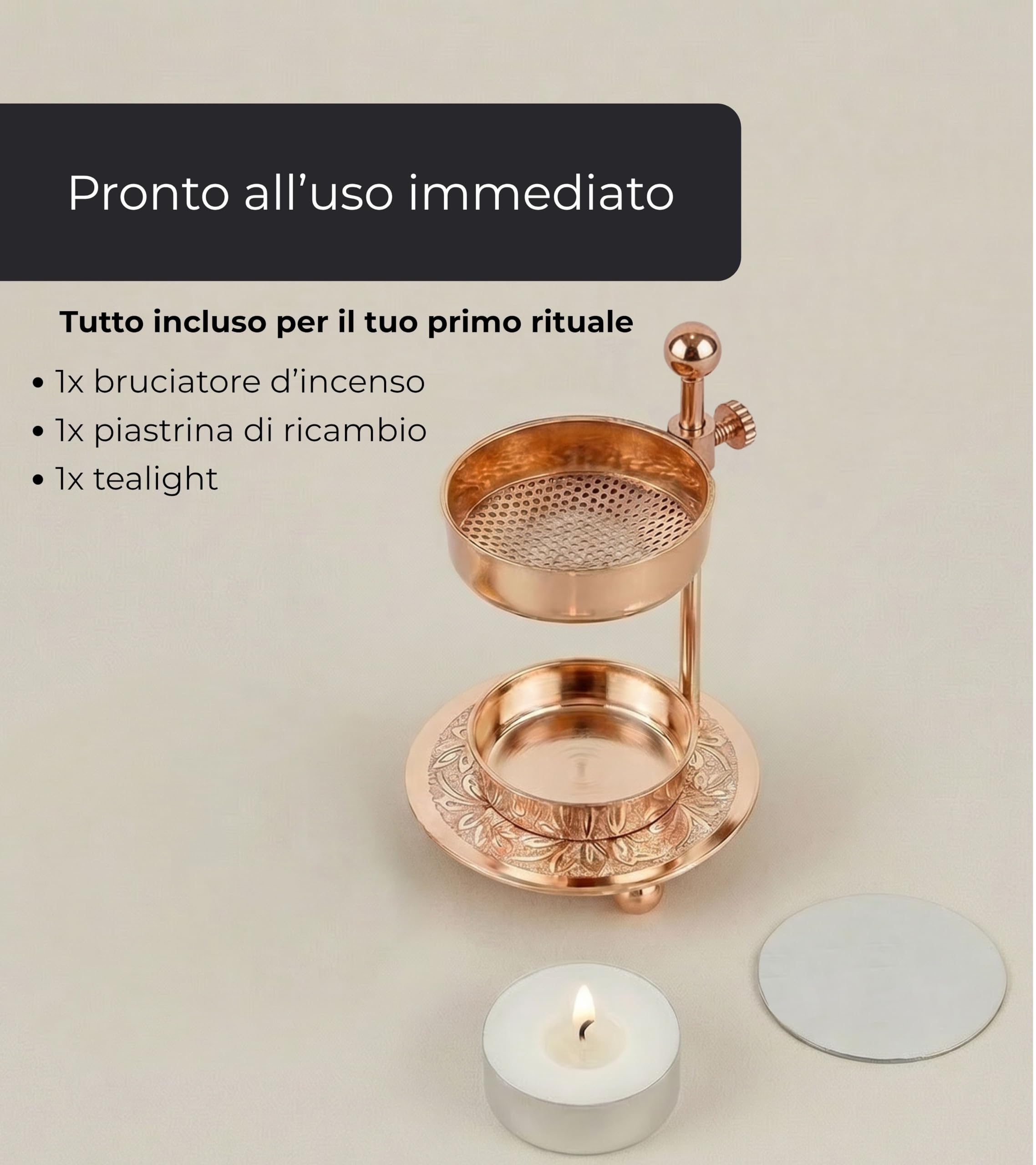 Incensera Bruciatore con Colino in Oro Rosa – Porta Resine ed Erbe, Contenitore Robusto, Incense Burner, Accessorio per Affumicatura