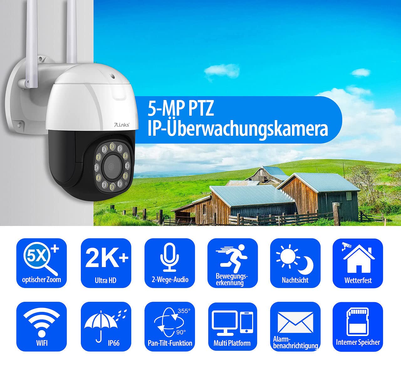 7links kamera LAN: PTZ-IP-Kamera do monitoringu, Rozdzielczość 2K+ o 2560 x 1920 pikseli, 5-krotny zoom optyczny (do monitoringu z noktowizją, wifi na zewnątrz, czujnik)