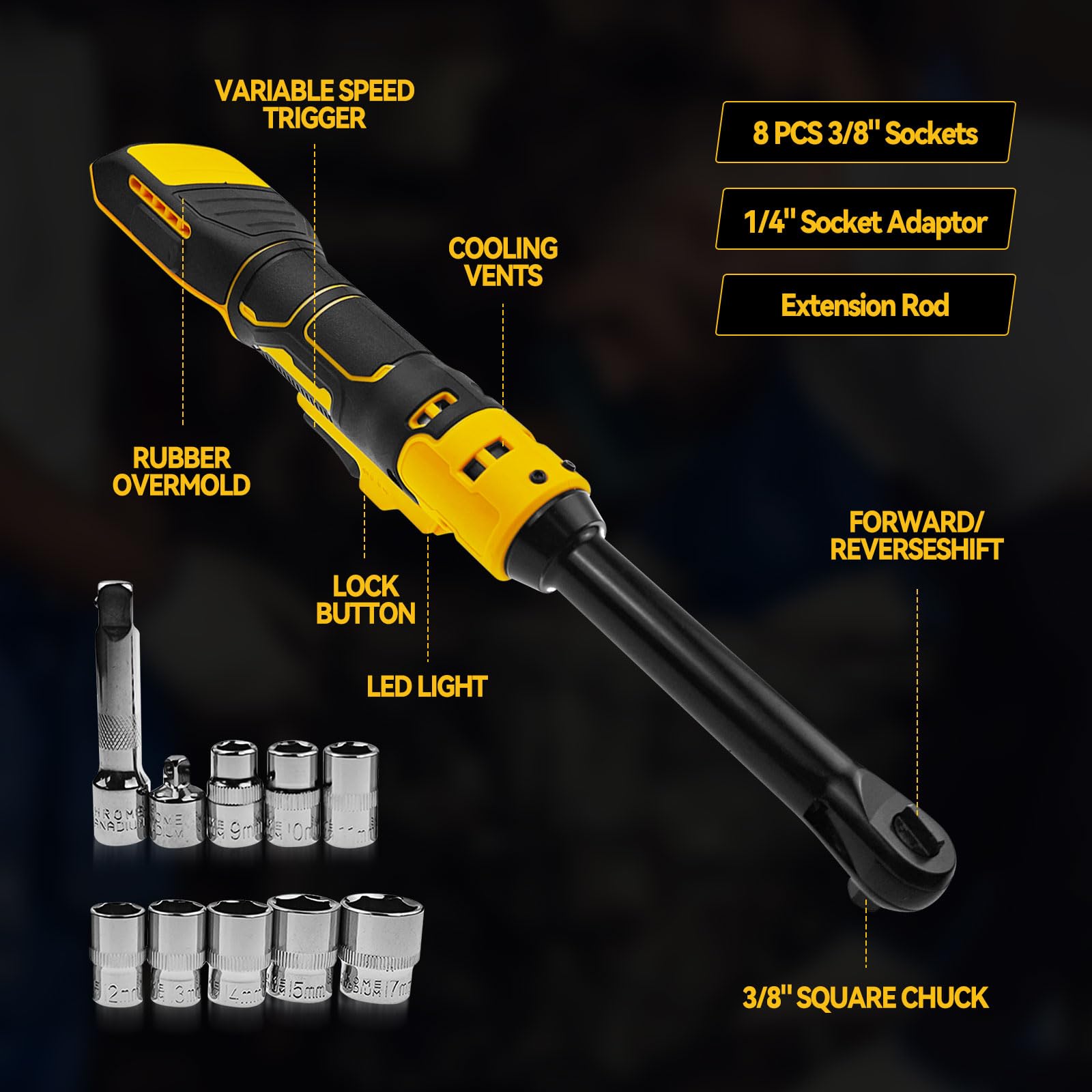 Przedłużony bezprzewodowy klucz grzechotkowy 3/20.3 cm do akumulatorów Dewalt 18 V 20 V, (15.2 cm) 16 cm rozszerzona głowica, 80 Nm, 320 obr./min zestaw kluczy z grzechotką z wbudowanym światłem LED i