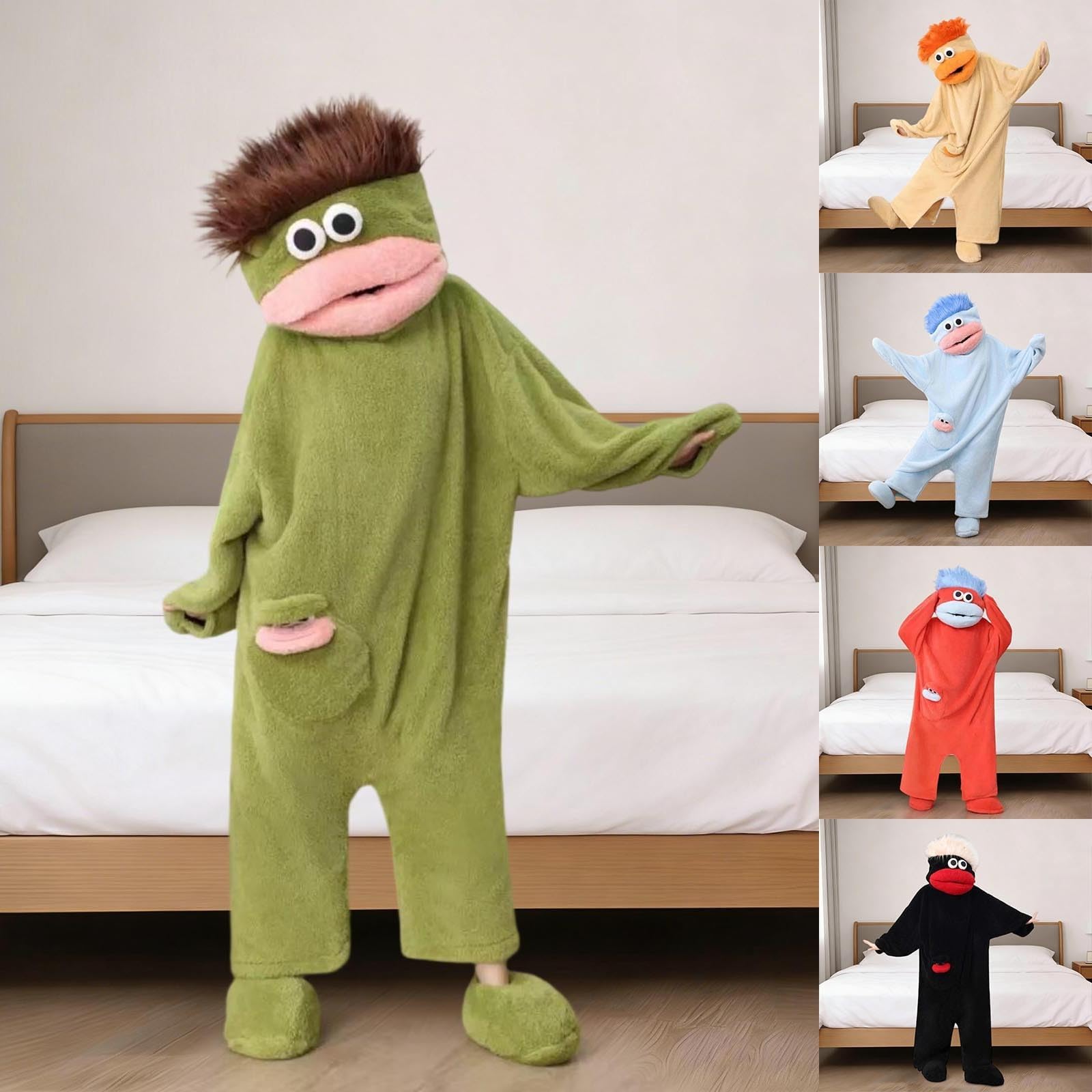 Silly Wearable Onesie Fleece Pajamas for Adults Große Kinder, Goofy Onesie Loose Warm Soft Lustiger Grüner Monster Cozy Full Body Sleepwear with Hood and Pockets, Ohne Schuhe