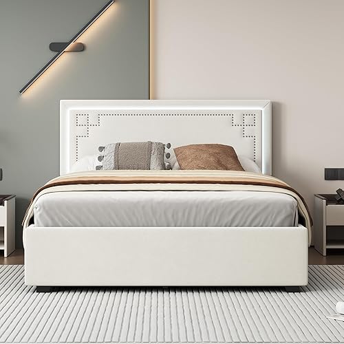 Miniatura 19 de Base de cama flotante tamaño Queen con luces LED y carga USB, marco de cama LED de plataforma tapizada moderna, no necesita somier (blanco-1)
